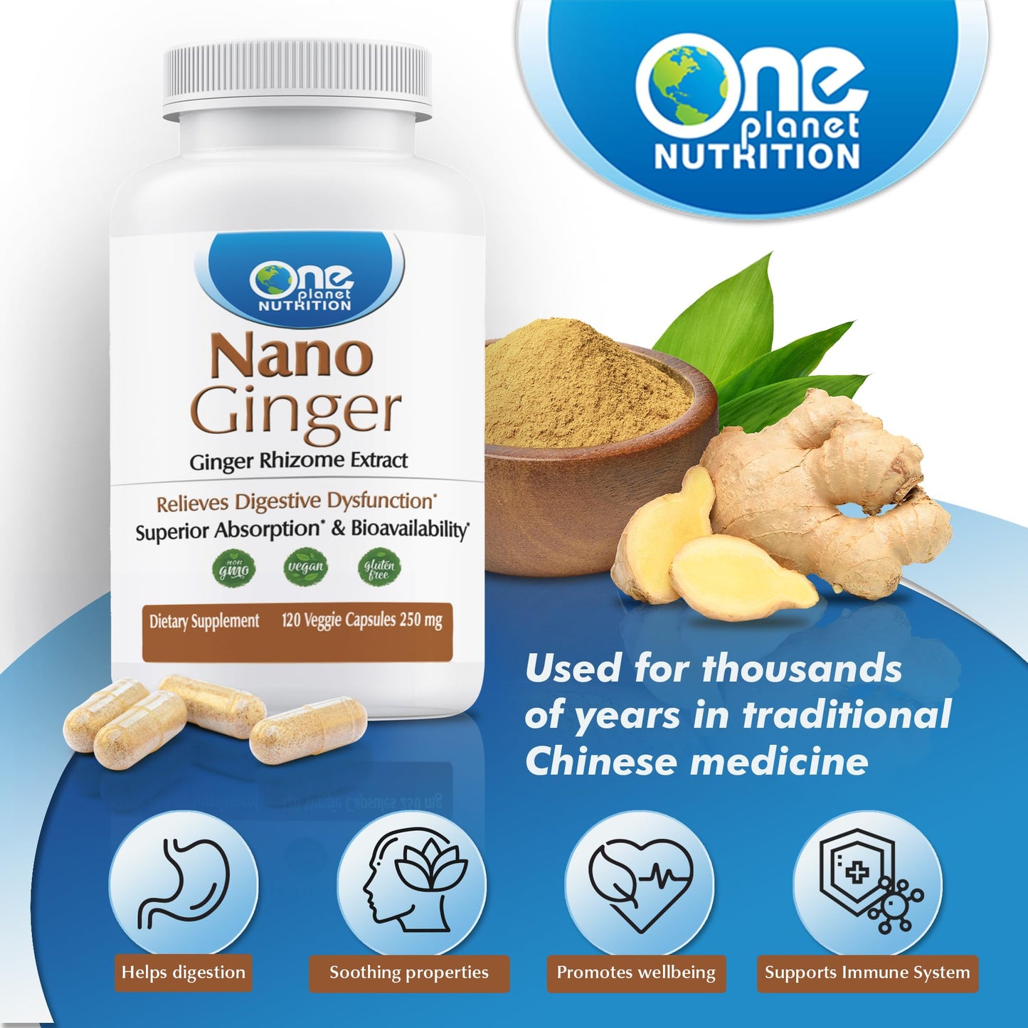 One Planet Nutrition Nano Ginger Root 250 mg Veggie Capsules, 8.8185