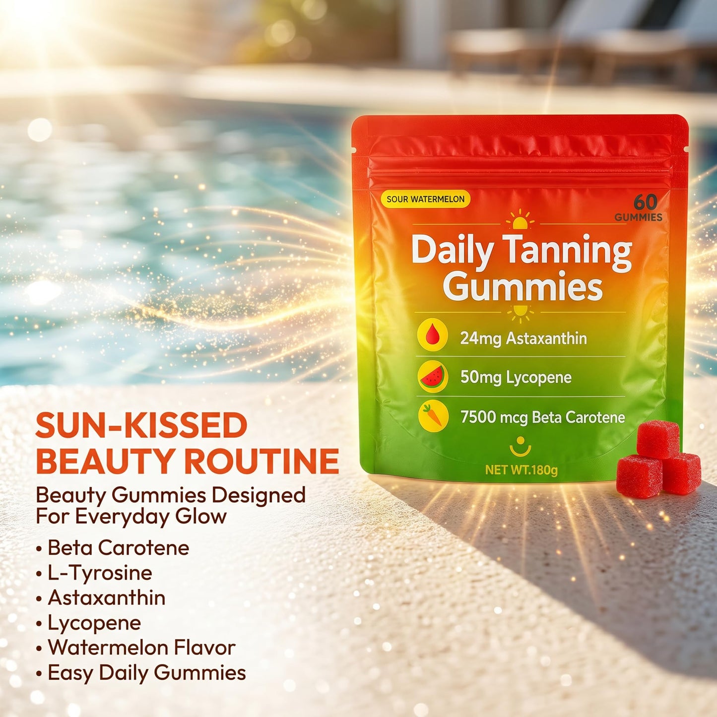 Jqewlg Lumivyx Tanning Gummies - Daily Beauty Gummies with Beta Carotene, L-Tyrosine, Astaxanthin & Lycopene, Watermelon Flavor, 60 Gummies