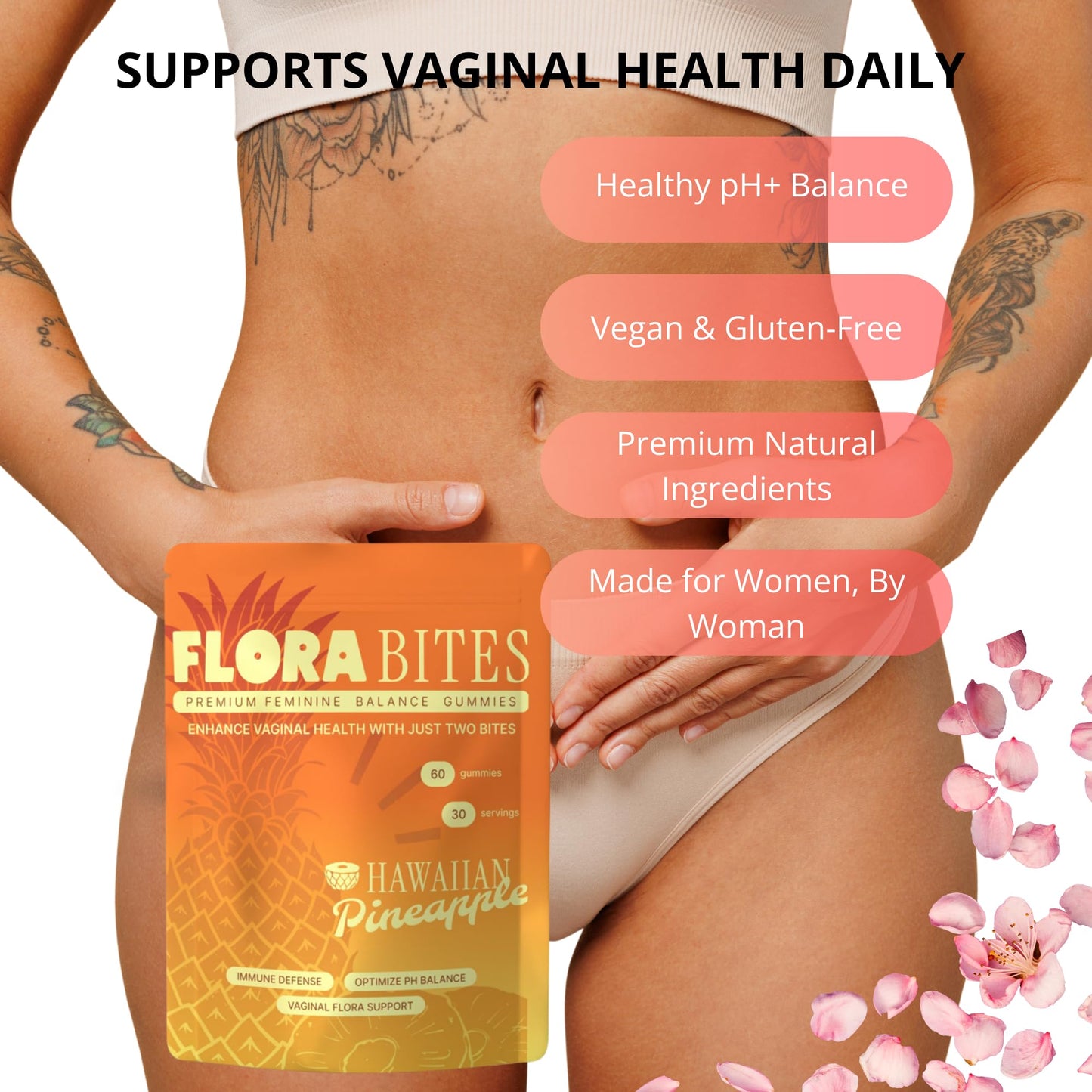 Flora Bites Feminine Balance Gummies – pH Balance & Yeast Infection Support, Hawaiian Pineapple Flavor, 60 Gummies