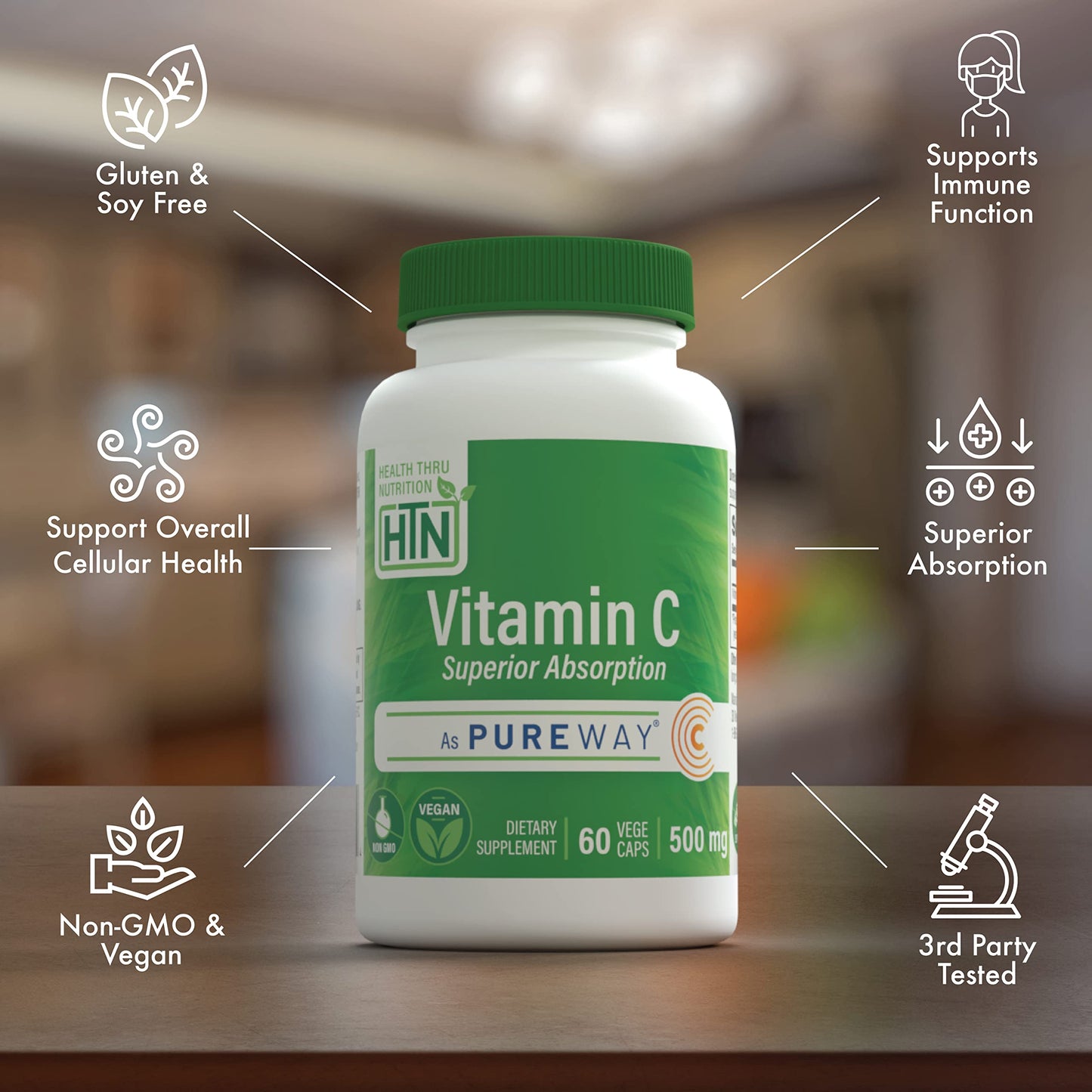 Health Thru Nutrition Vitamin-C 500mg PureWay-C High Absorption Capsules, 60 Count