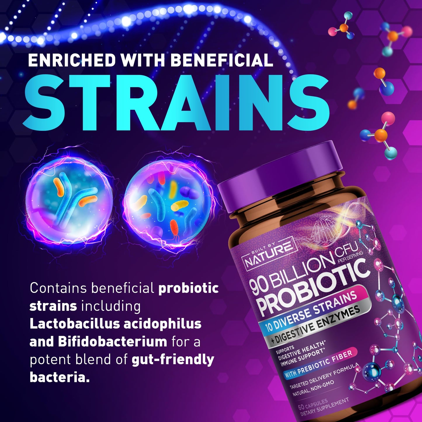 Built by Nature 100 Billion CFU Probiotic Daily Digestive Gut Health Supplement with Lactobacillus acidophilus, Bifidobacterium & Prebiotics - Capsule, 60 Count