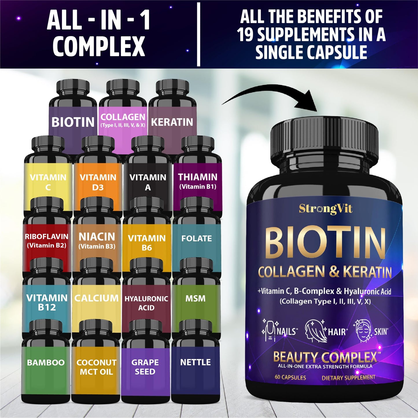StrongVit Biotin with Hyaluronic Acid, Keratin & Collagen Supplements - 10000mcg for Hair Growth - Hair Skin & Nails Vitamins, 60 Capsules