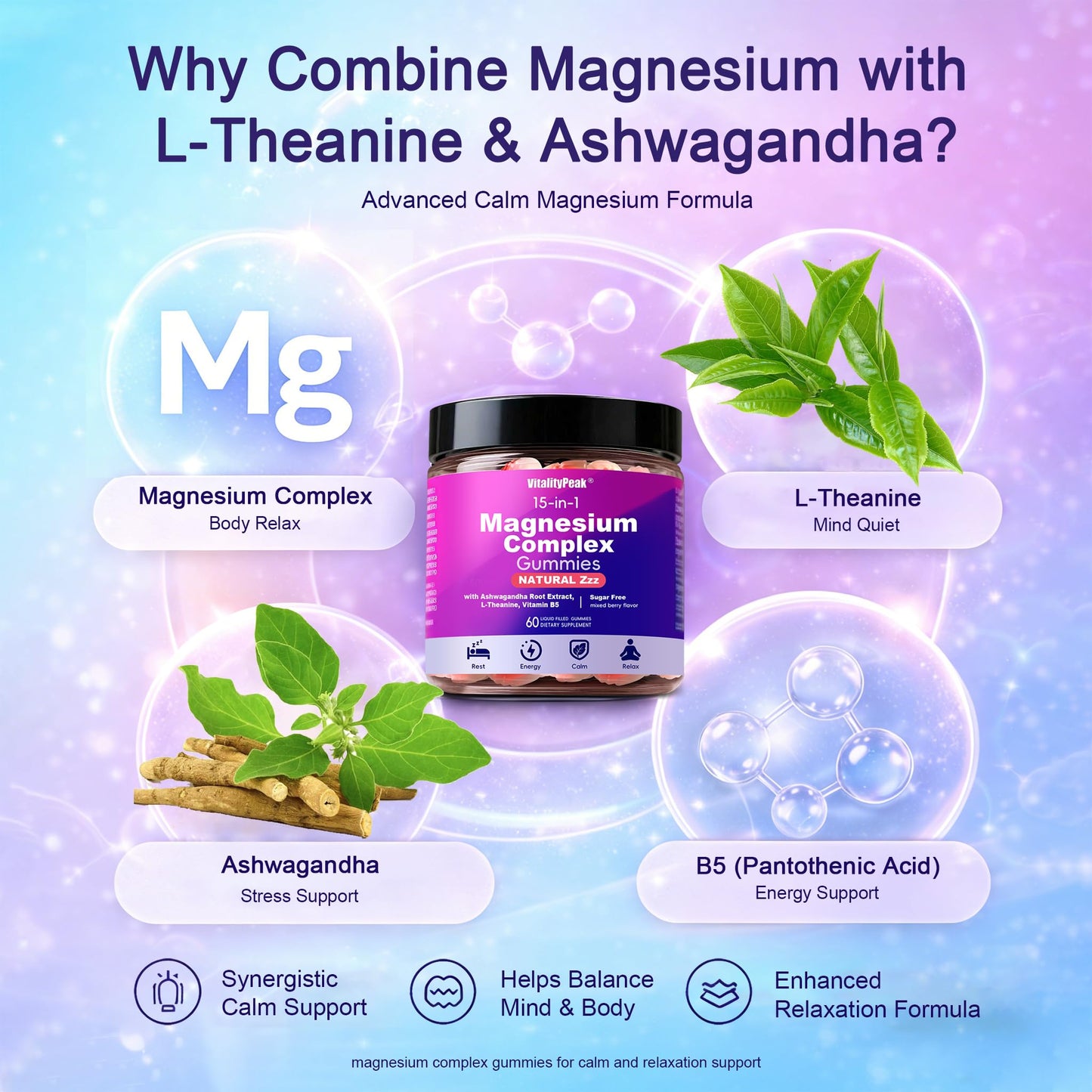 VitalityPeak Magnesium Sleep Gummies 400mg – Calm Magnesium Complex Gummies for Sleep Support & Relaxation with L-Theanine & Ashwagandha – Non Melatonin, Sugar Free Vegan, 60 Count