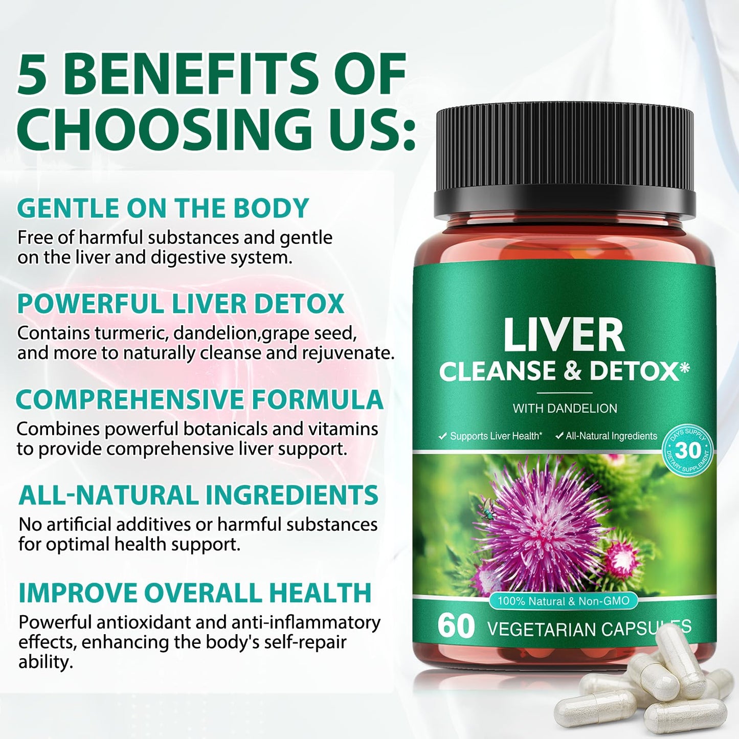 Ruduwu Liver Cleanse Detox & Repair - Health Liver Support Herbal Supplement with Milk Thistle, Burdock, Turmeric Curcumin, Dandelion, and More - Softgel, 60 count