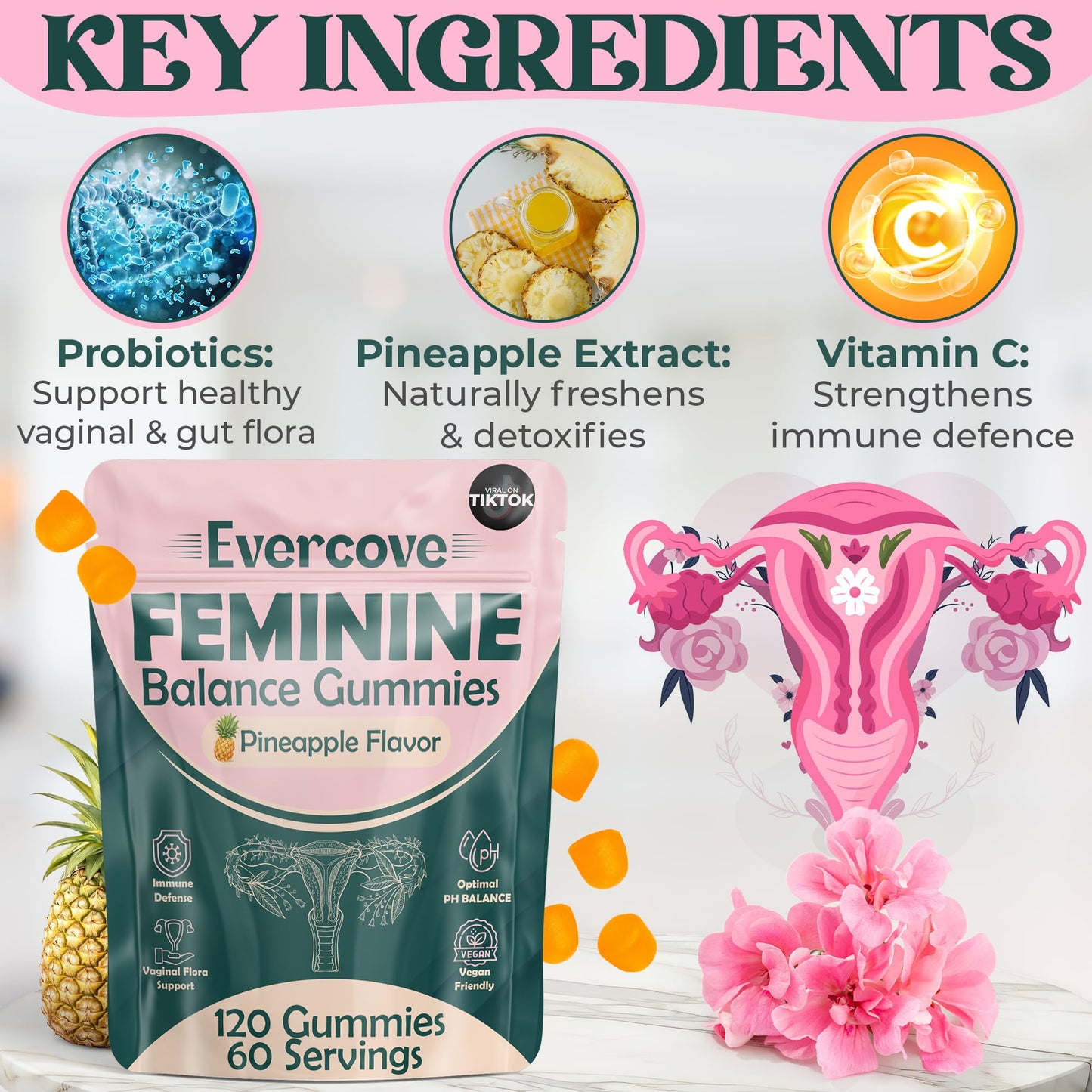 Evercove Premium Feminine Balance Gummies for Women, 120 Count