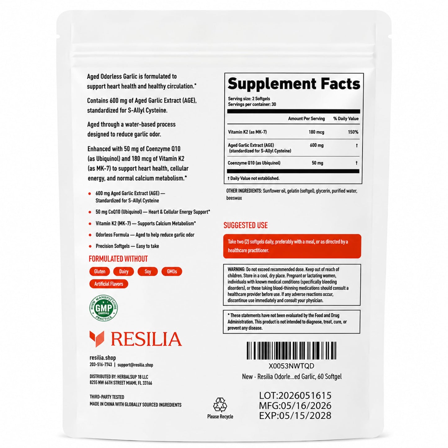 Resilia Odorless Aged Garlic Extract Capsules, 120 Count