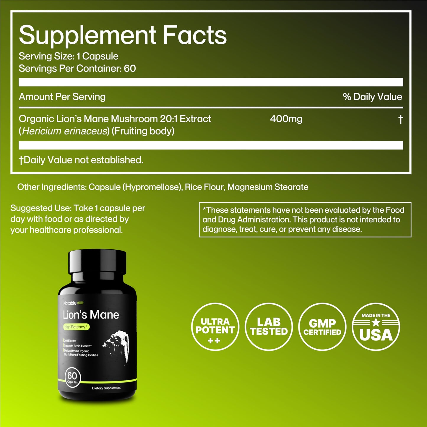 Notable Lion's Mane Mushroom Supplement Capsule, 1 Count