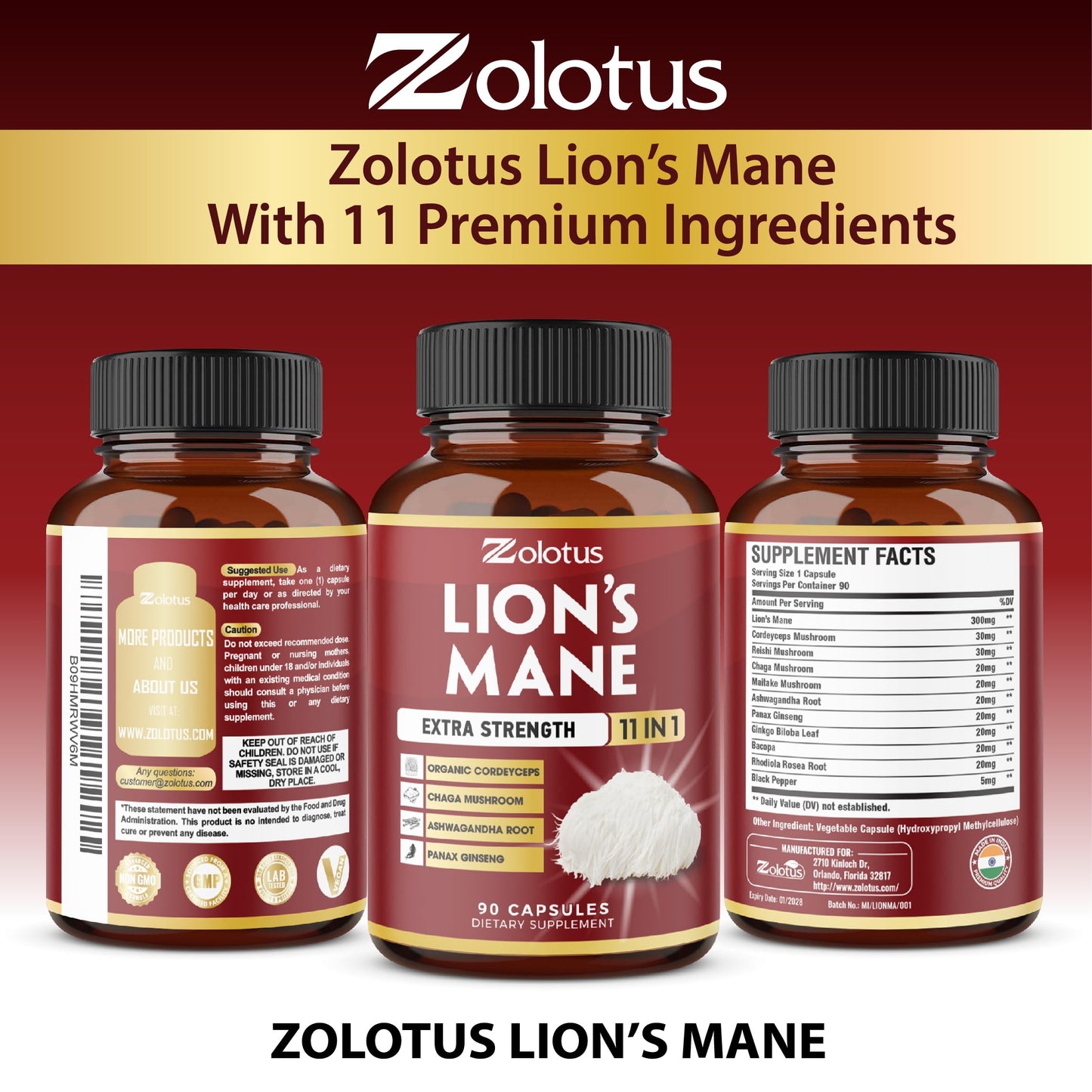 Zolotus Lions Mane Mushroom Supplement with Cordeyceps, Reishi, Ashwagandha, Focus, Memory and Brain Support, Immune Support, Energy - Capsules, 180 Count