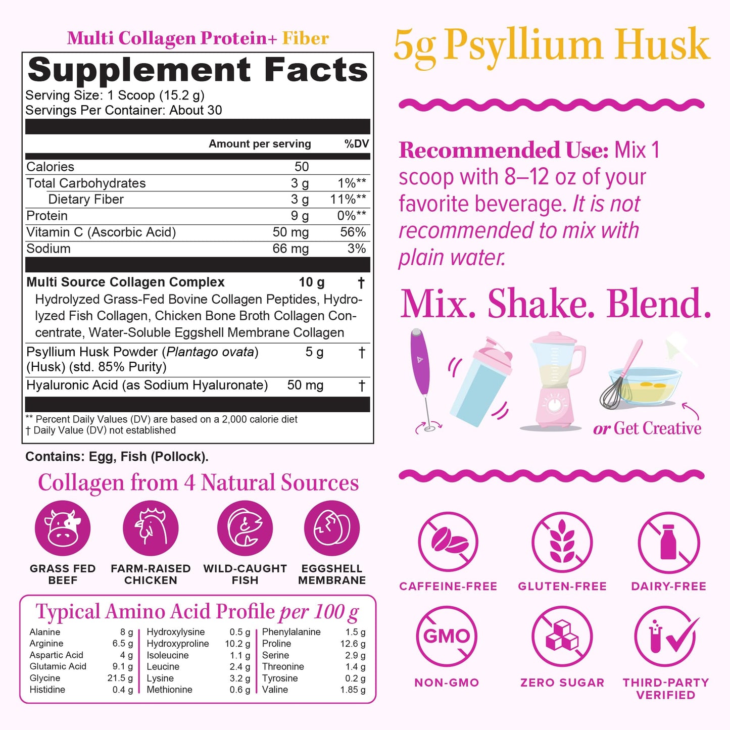 Vitauthority Multi Collagen Protein Powder + Fiber Supplement Collagen Types I, II, III, V & X | Hair, Skin, Nail, & Digestive Support | Vitamin C & Hyaluronic Acid, Unflavored, 16 Servings