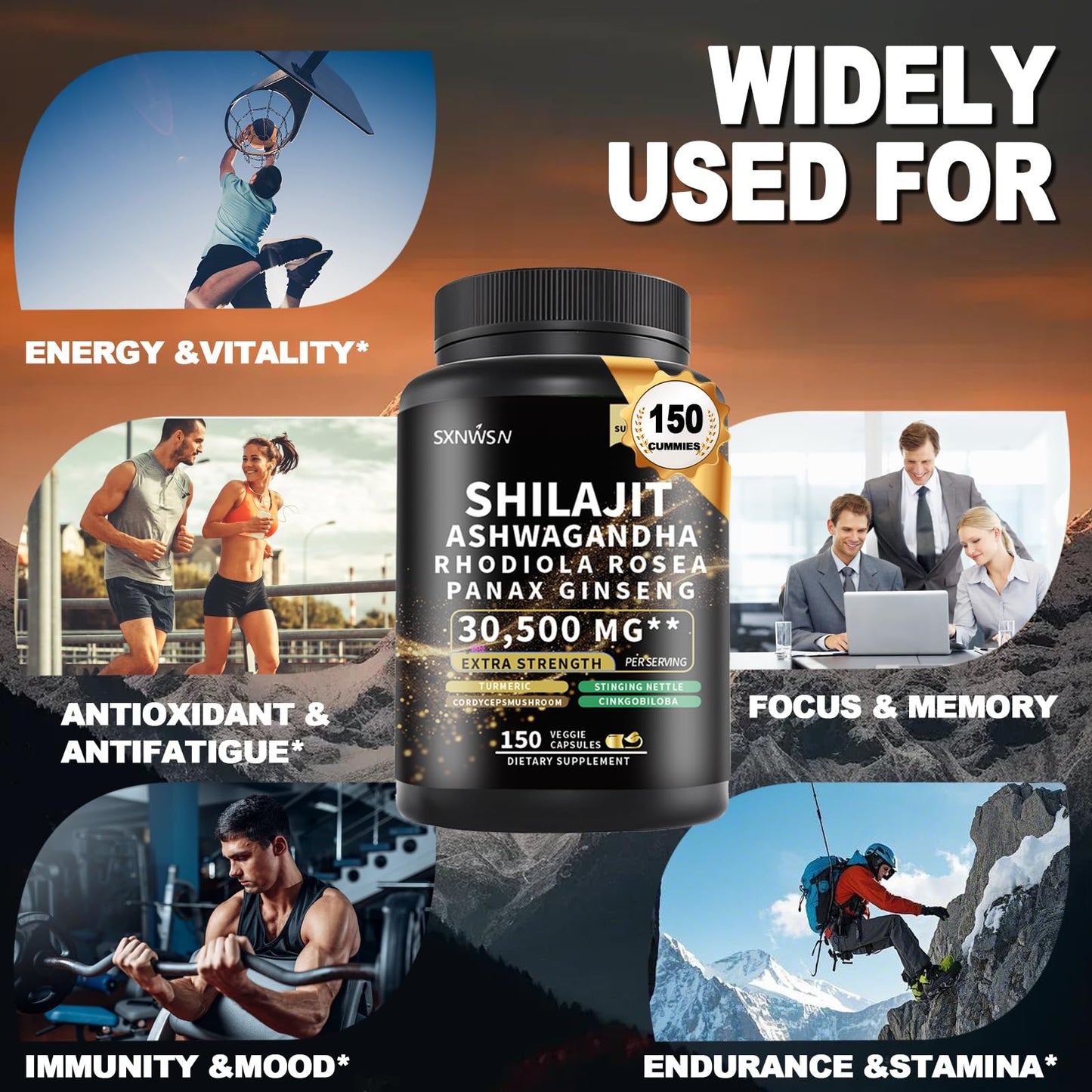 SXNWSN Shilajit Complex with Ashwagandha Rhodiola Rosea Ginseng Cordyceps Capsule, 1 Count