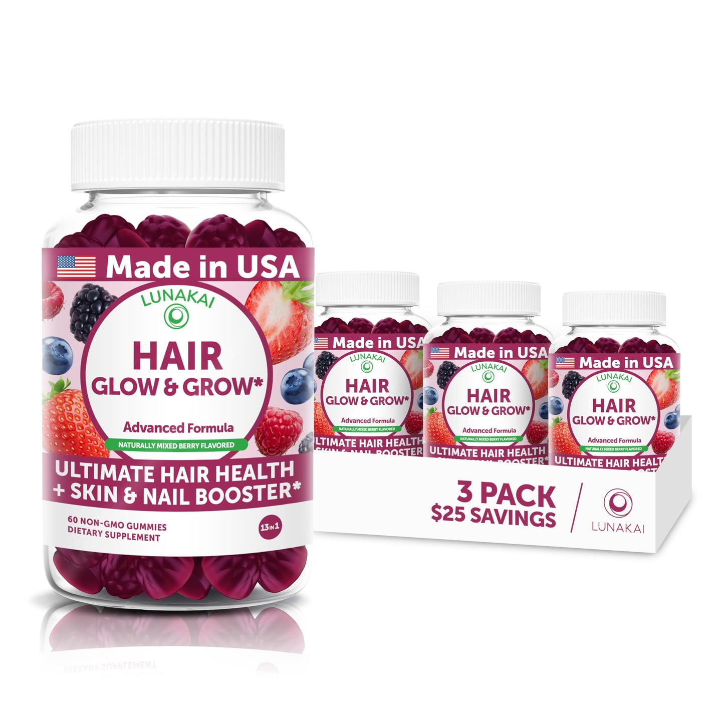 Lunakai Super Hair Gummies with Biotin, Zinc, Horsetail Extract and Saw Palmetto, 180 Gummies