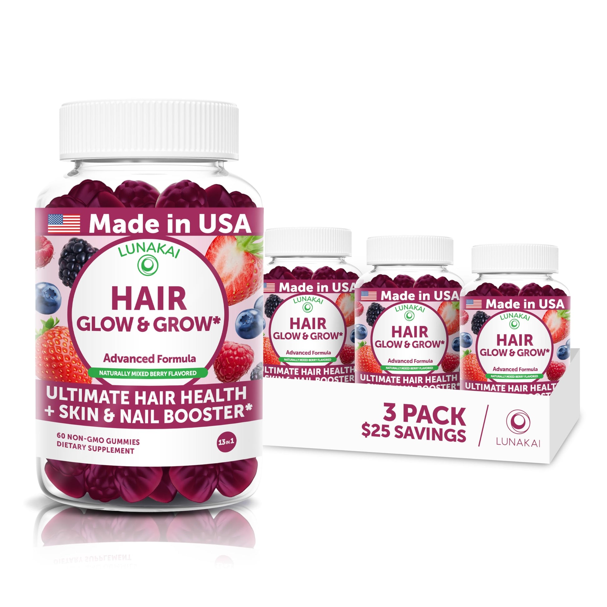 Lunakai Super Hair Gummies with Biotin, Zinc, Horsetail Extract and Saw Palmetto, 180 Gummies