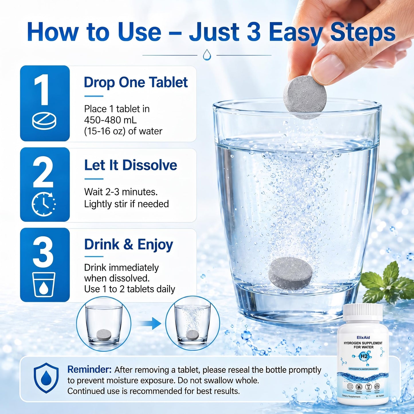 ElixAid Hydrogen Tablets for Water – Effervescent Molecular Hydrogen Supplement Tablet, 90 Count