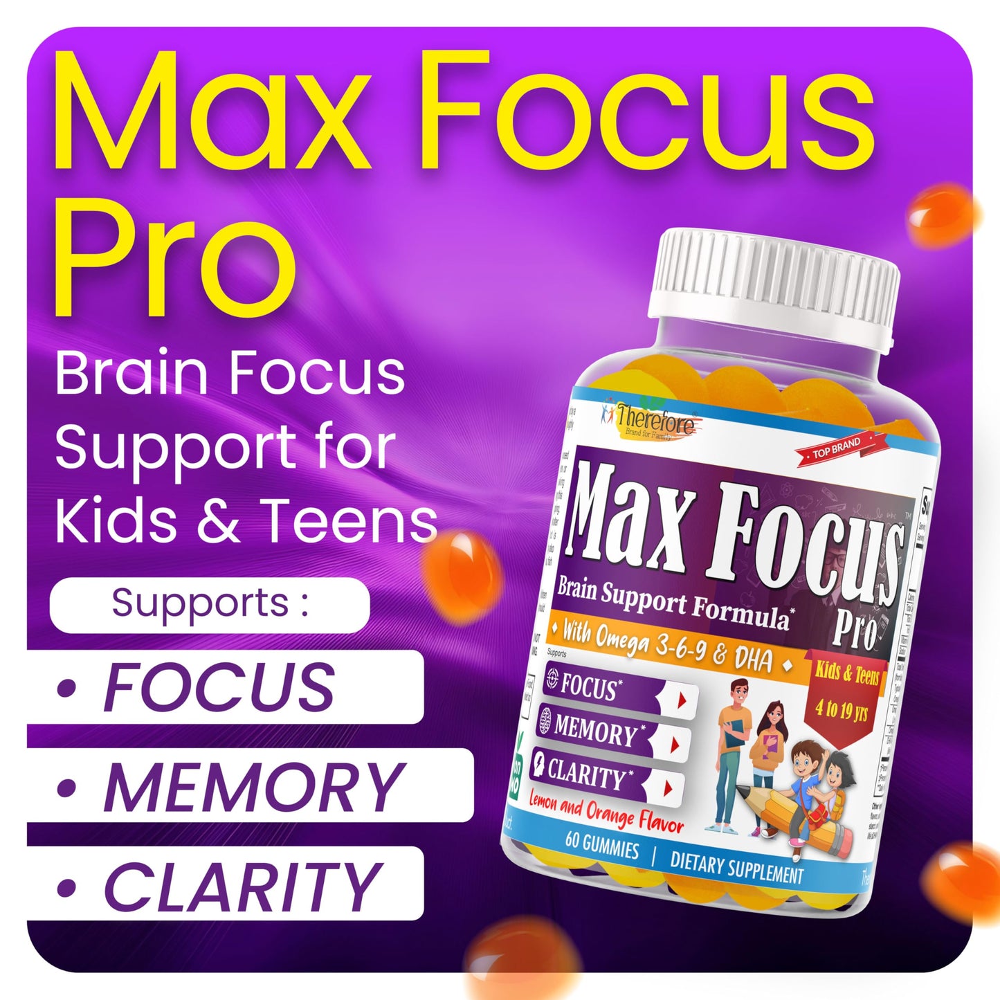 Therefore Max Focus Gummies with Omega-3 DHA for Kids & Teens, 60 Gummies