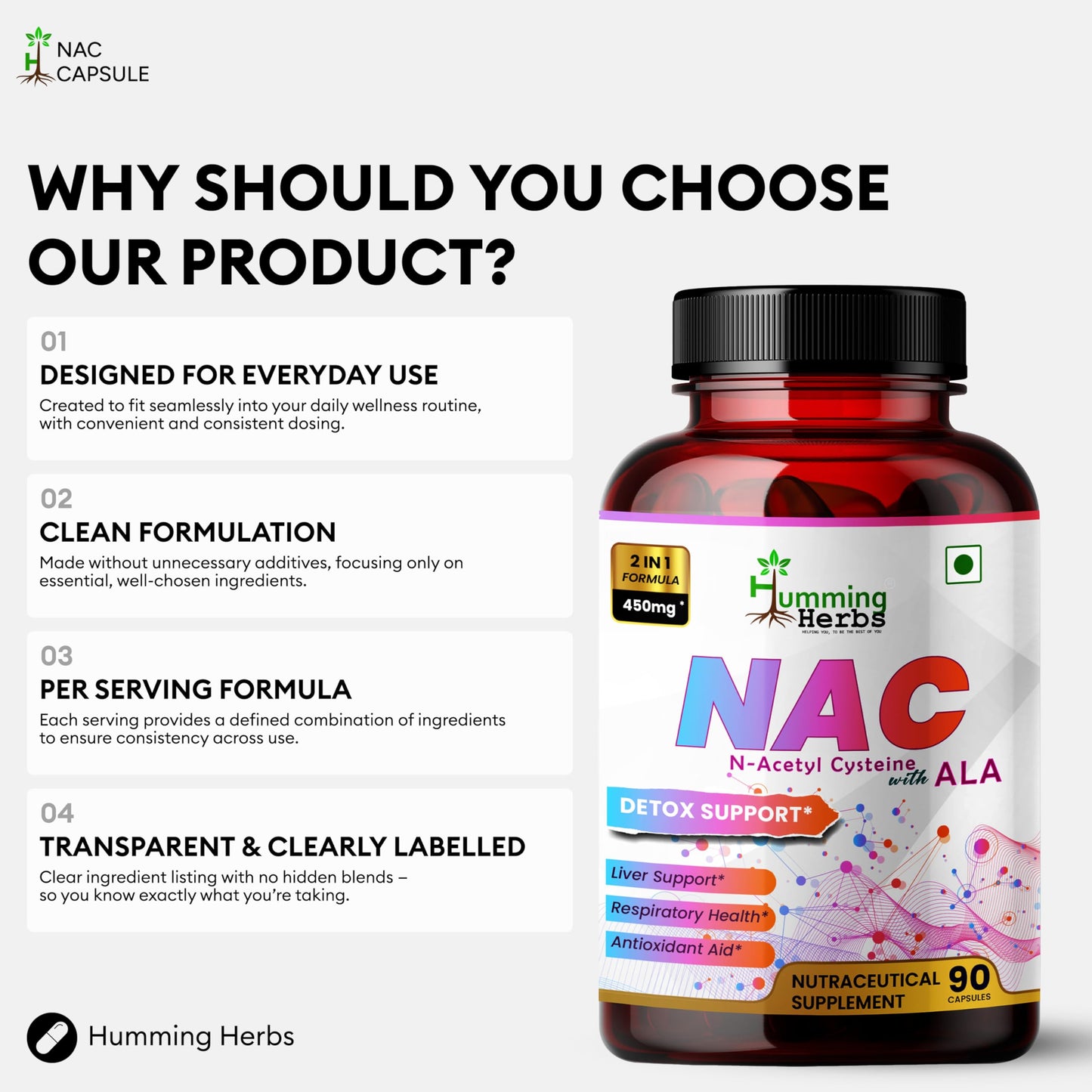 Humming Herbs NAC Supplement 450mg with Alpha Lipoic Acid - N-Acetyl Cysteine + ALA 2-in-1 Antioxidant Formula Capsules, 90 Count