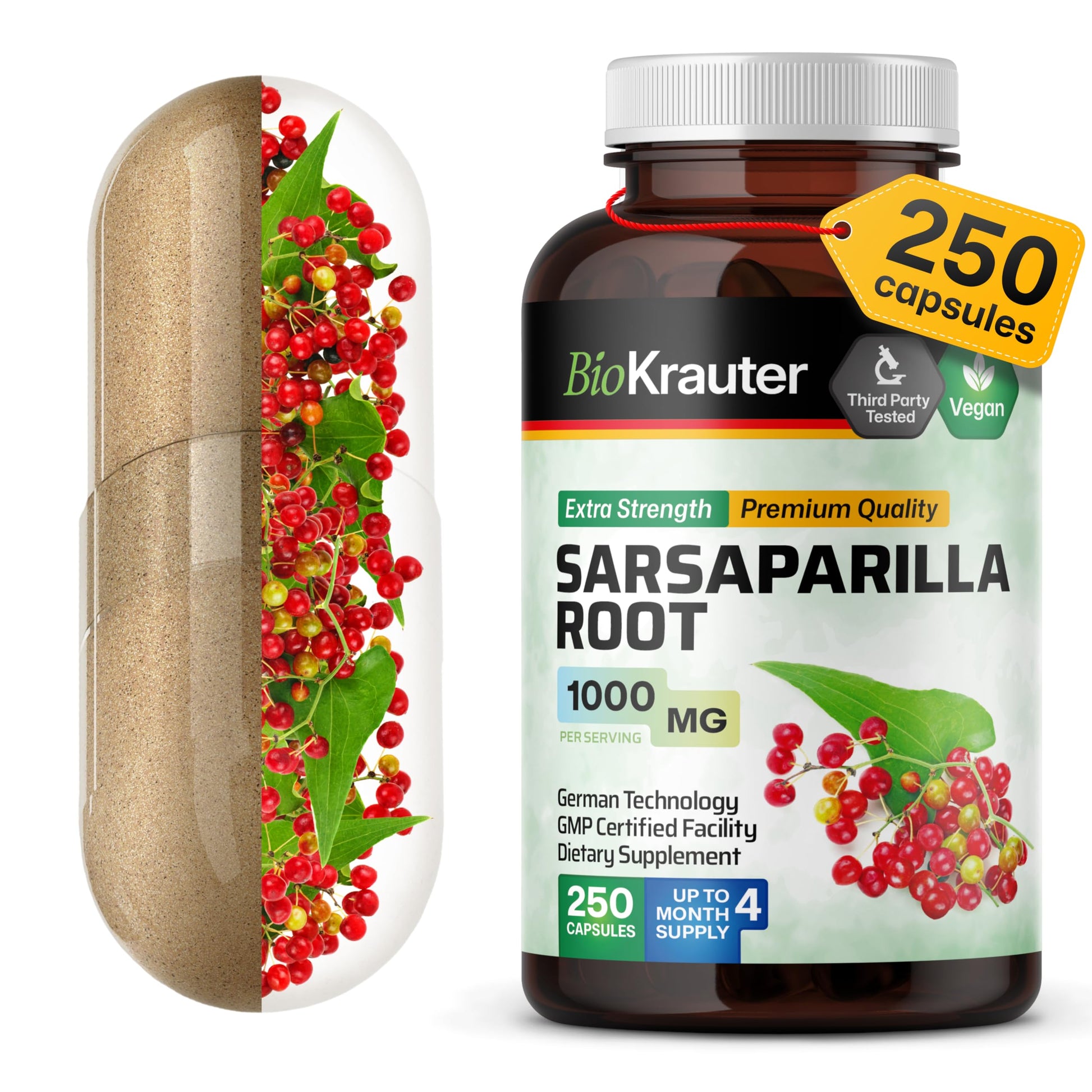 BIO KRAUTER Sarsaparilla Root for Liver Support Capsules, 250 Count