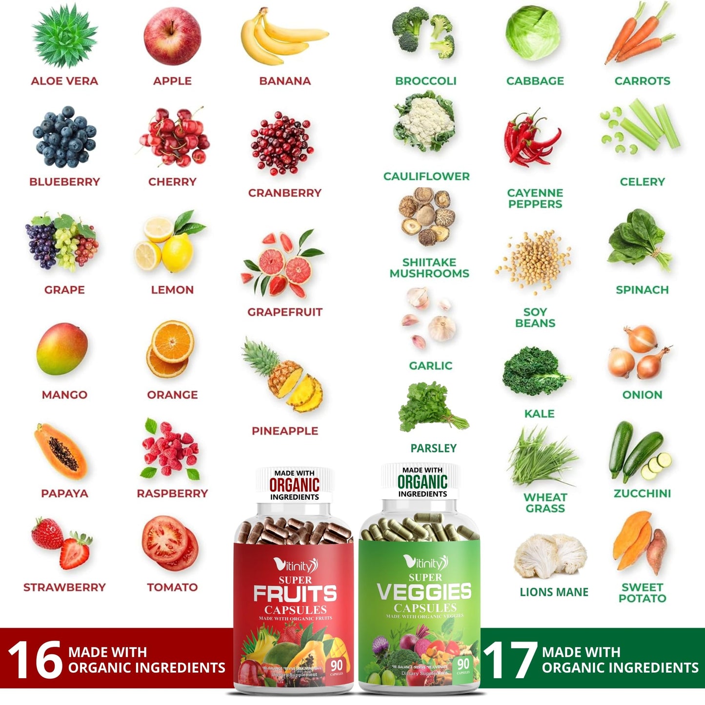 VITINITY Organic Fruits & Veggies Capsules - Superfood Vegetable Vitamin Supplement, Fruits & Greens Blend, 2 Capsules