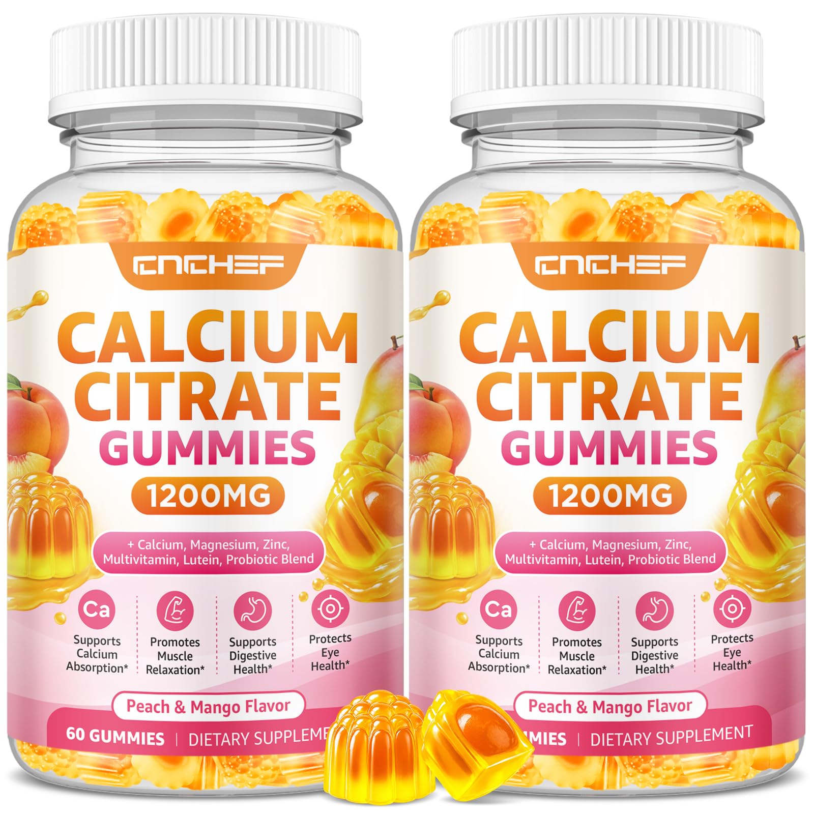 CNCHEF Calcium Gummies 1200mg with Vitamin D3, K2, Magnesium & Zinc for Bone, Muscle & Immune Support, Sugar Free, Vegan, Peach & Mango Flavor, 120 Gummies
