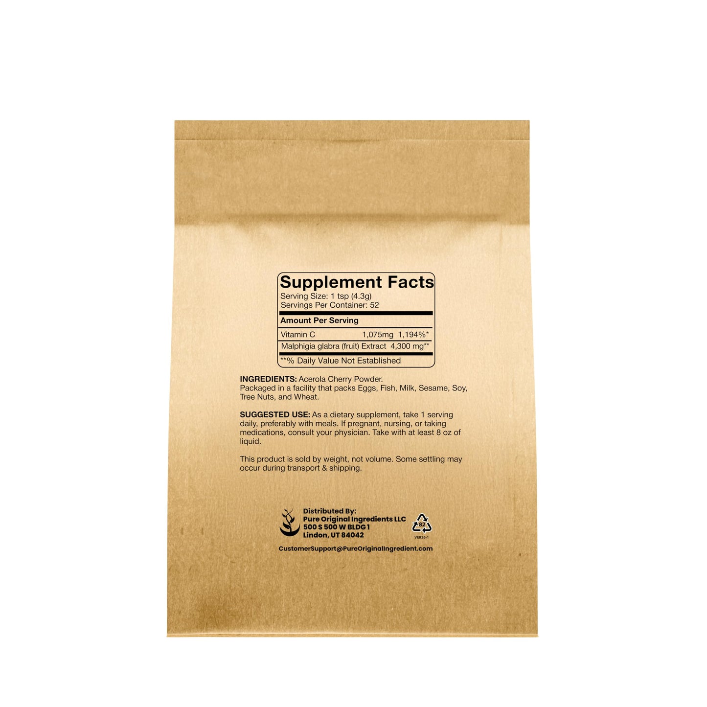 PURE ORIGINAL INGREDIENTS Acerola Cherry Powder 8 Ounce