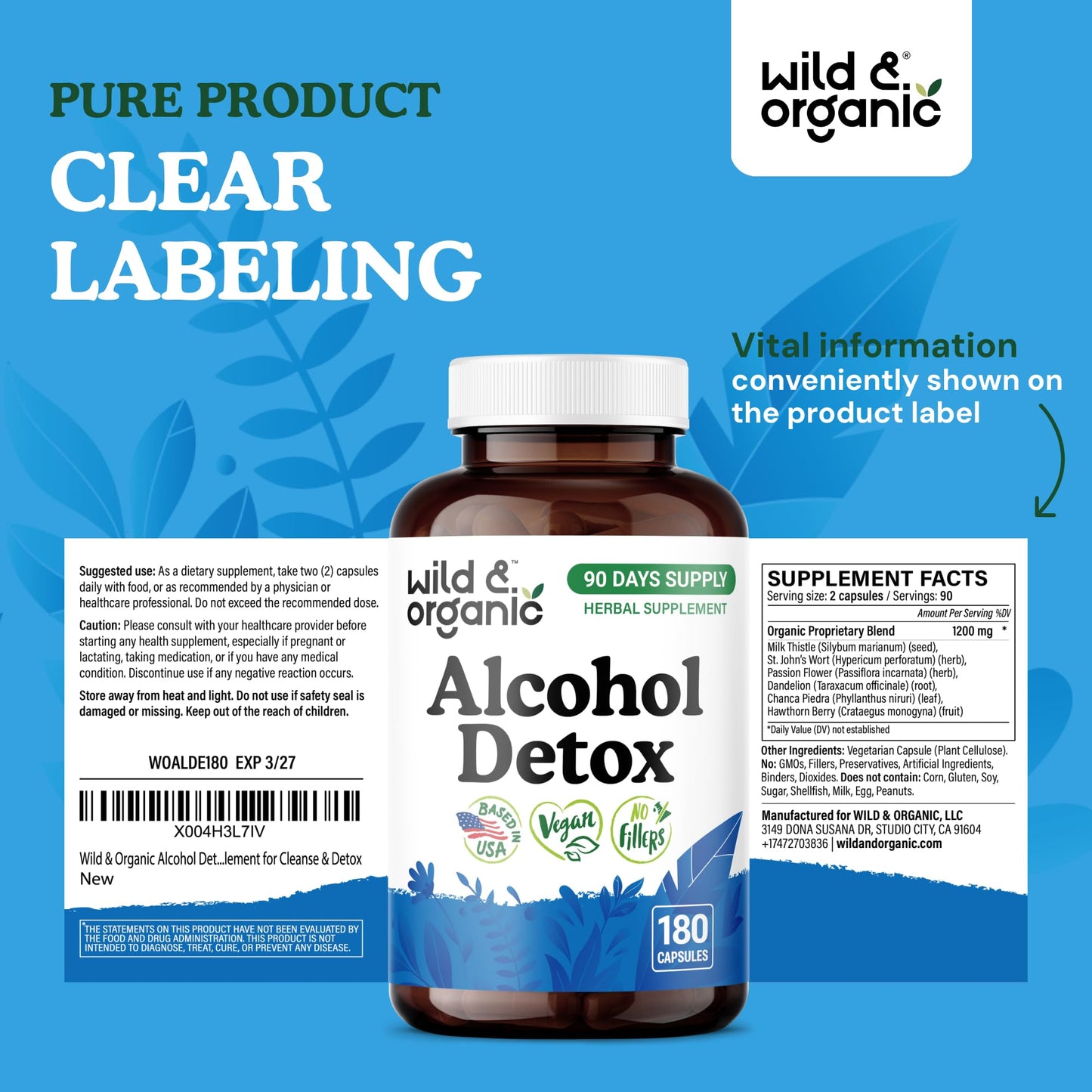 Wild & Organic Alcohol Detox Capsules Liver & Kidney Support Formula with Milk Thistle, Dandelion Root & Chanca Piedra 180 Capsules