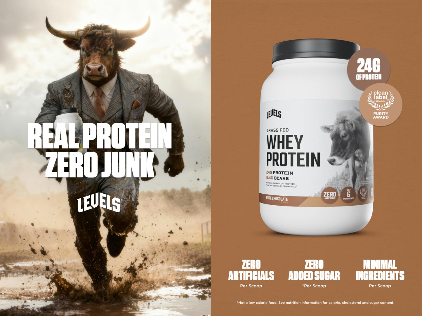 Levels Nutrition Grass Fed Whey Protein Powder 32 oz Pure Chocolate No Artificials