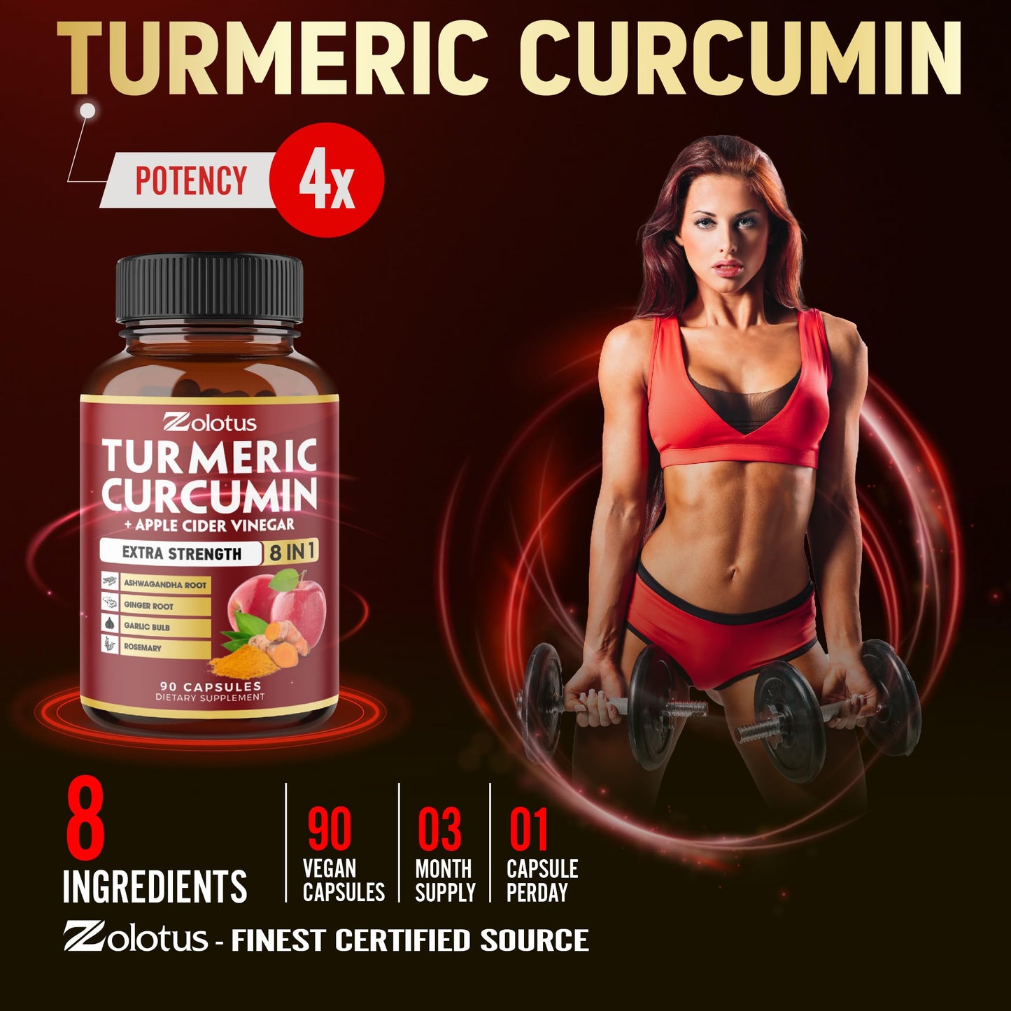 Zolotus Turmeric Curcumin + Apple Cider Vinegar Capsules 90 Count