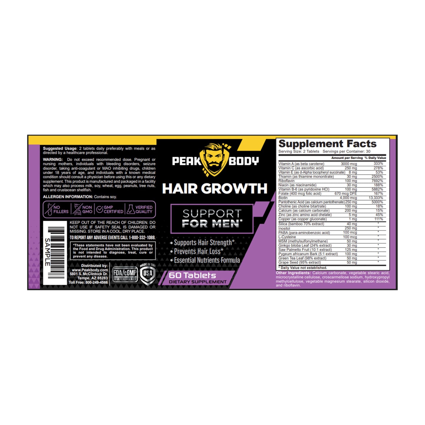 Peak Body Hair Growth Support for Men 60 Tablets