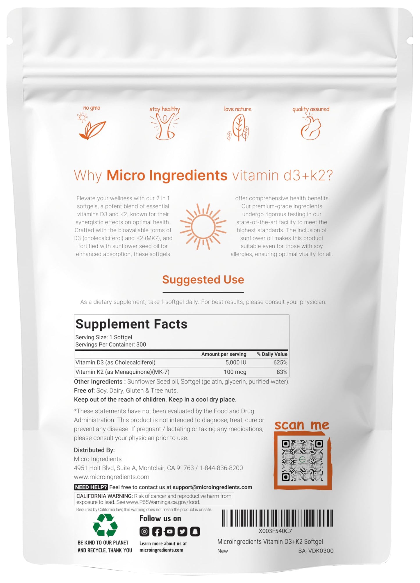 Micro Ingredients Vitamin D3 + K2 MK-7 5000 IU Per Serving Softgels, 300 Count