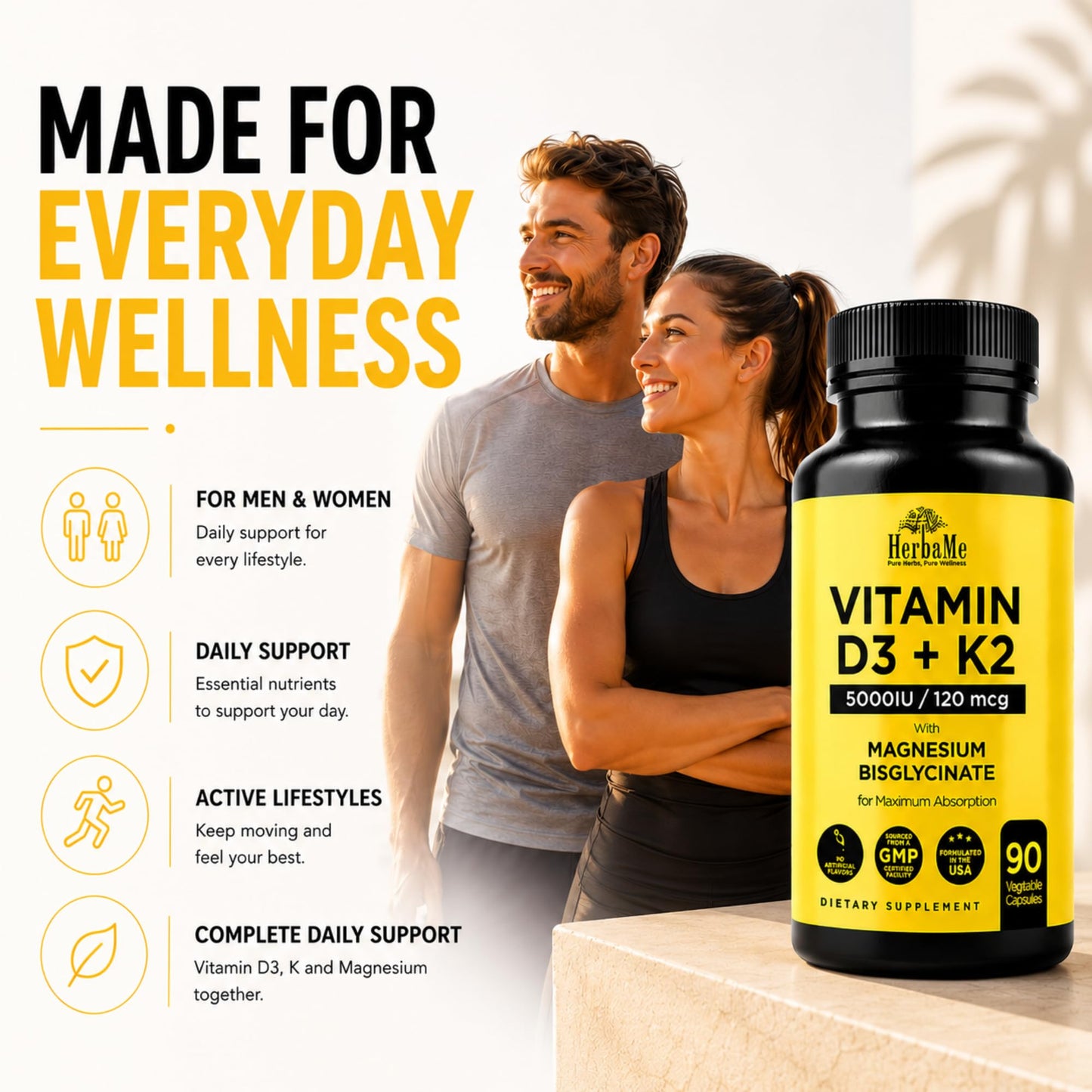 HerbaMe Vitamin D3 5000 IU + K2 with Magnesium Bisglycinate Formula, 90 Capsules