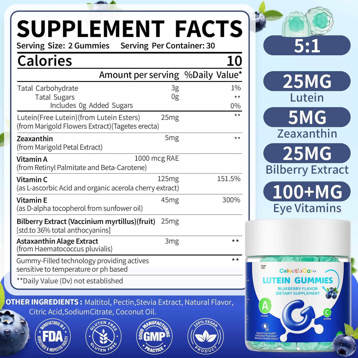 CelestiaCare Lutein and Zeaxanthin Eye Vitamins Gummies, 120 Count
