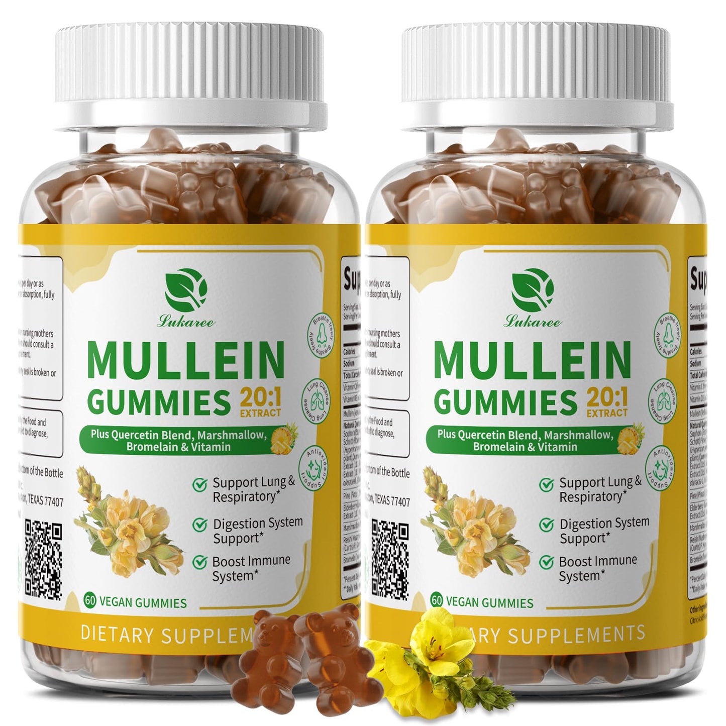 Lukaree Mullein Gummies for Lung Cleanse & Lymphatic Drainage, 120 Gummies