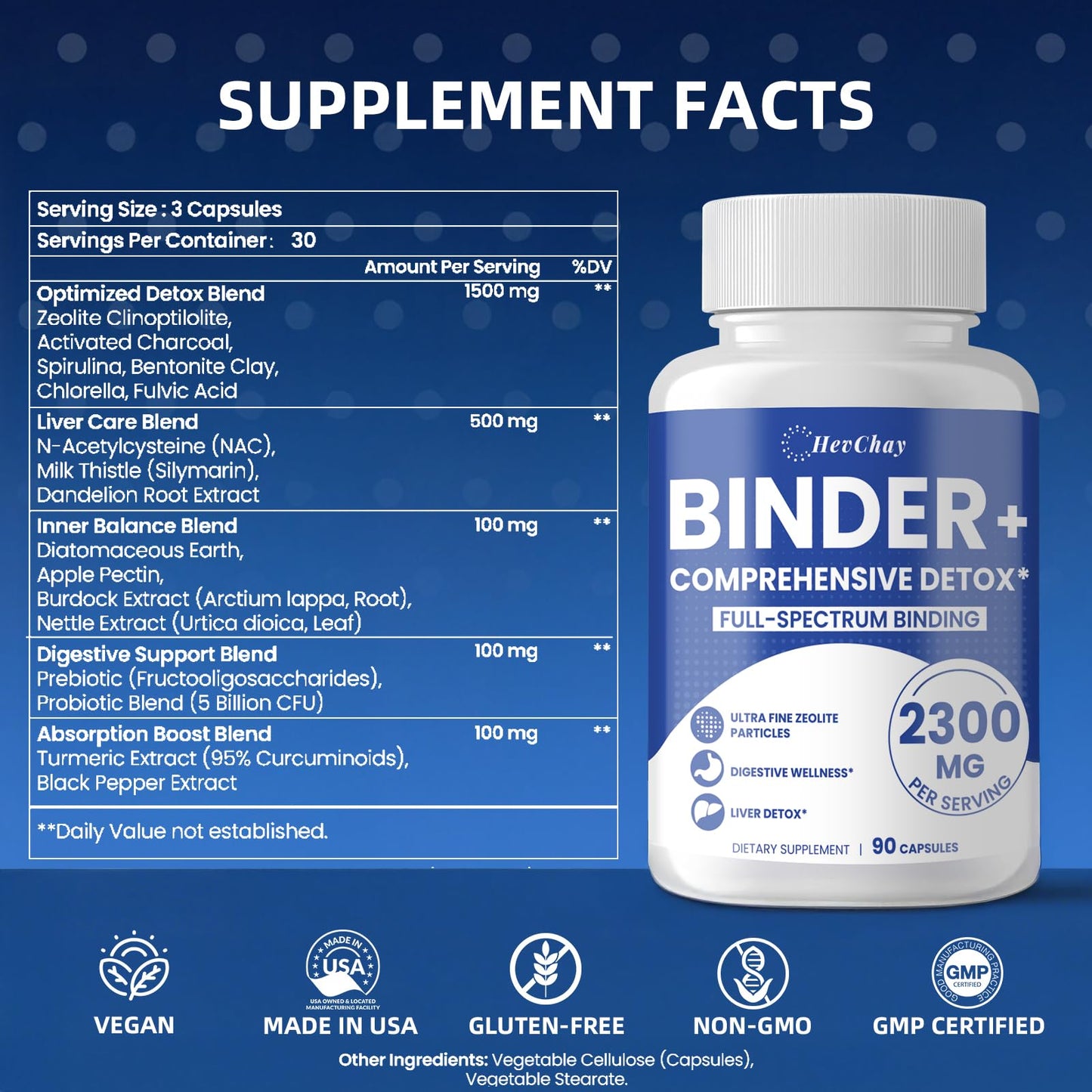 HevChay Detox Binder All-in-1 2300 MG Capsule 90 Count with Activated Charcoal & Zeolite