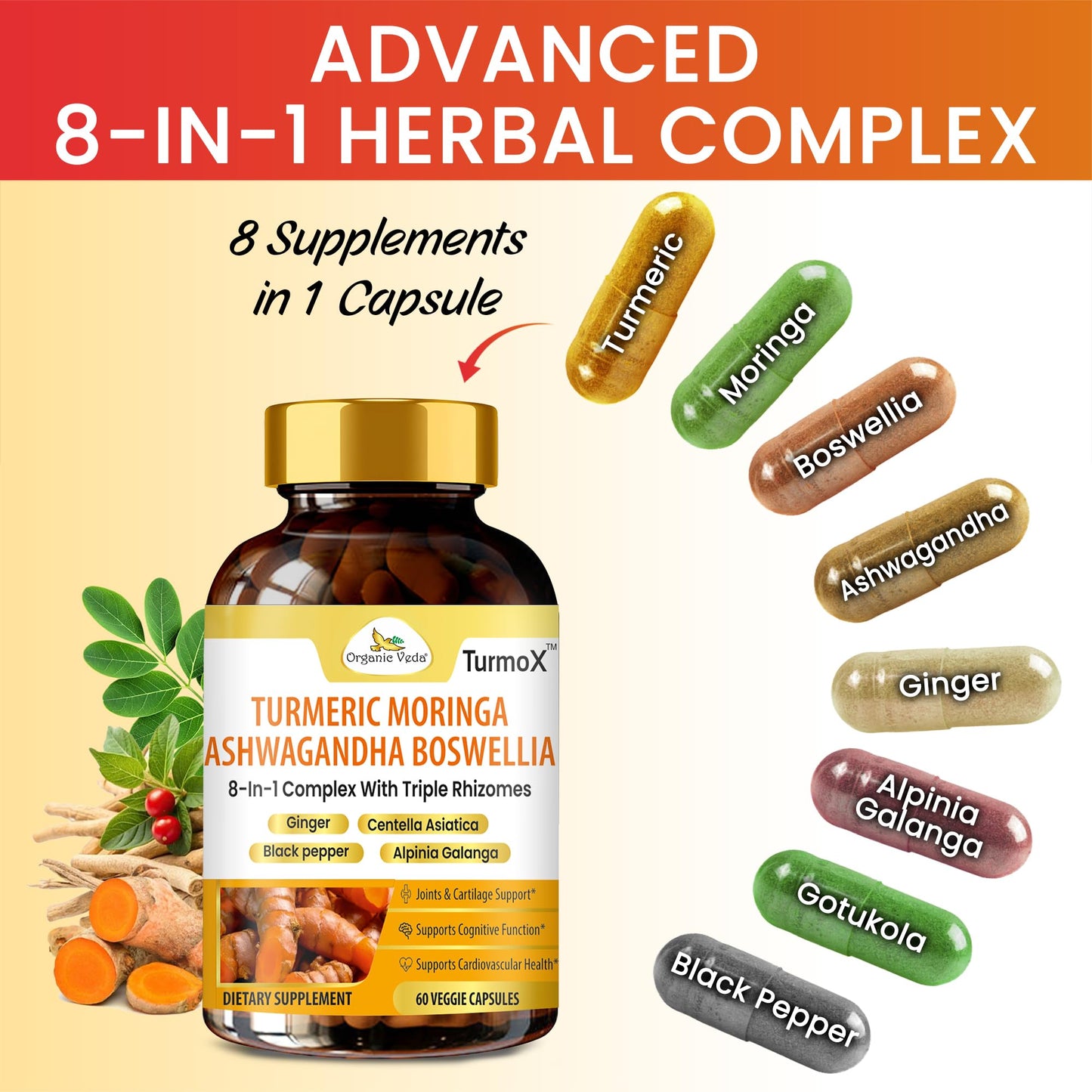 Organic Veda TurmoX Turmeric Moringa Ashwagandha Boswellia Capsules, 60 Count