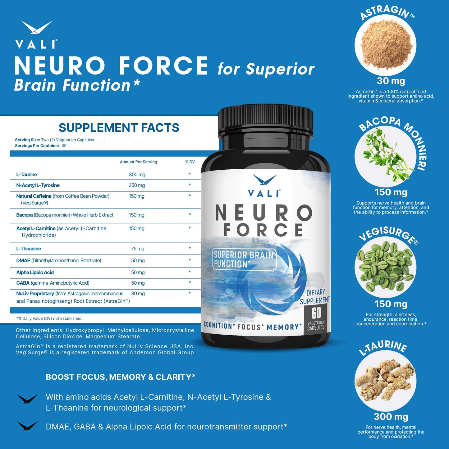 VALI Neuro Force Brain Booster Capsule, 60 Count, Nootropic for Focus, Memory, Clarity & Energy, with Natural Caffeine