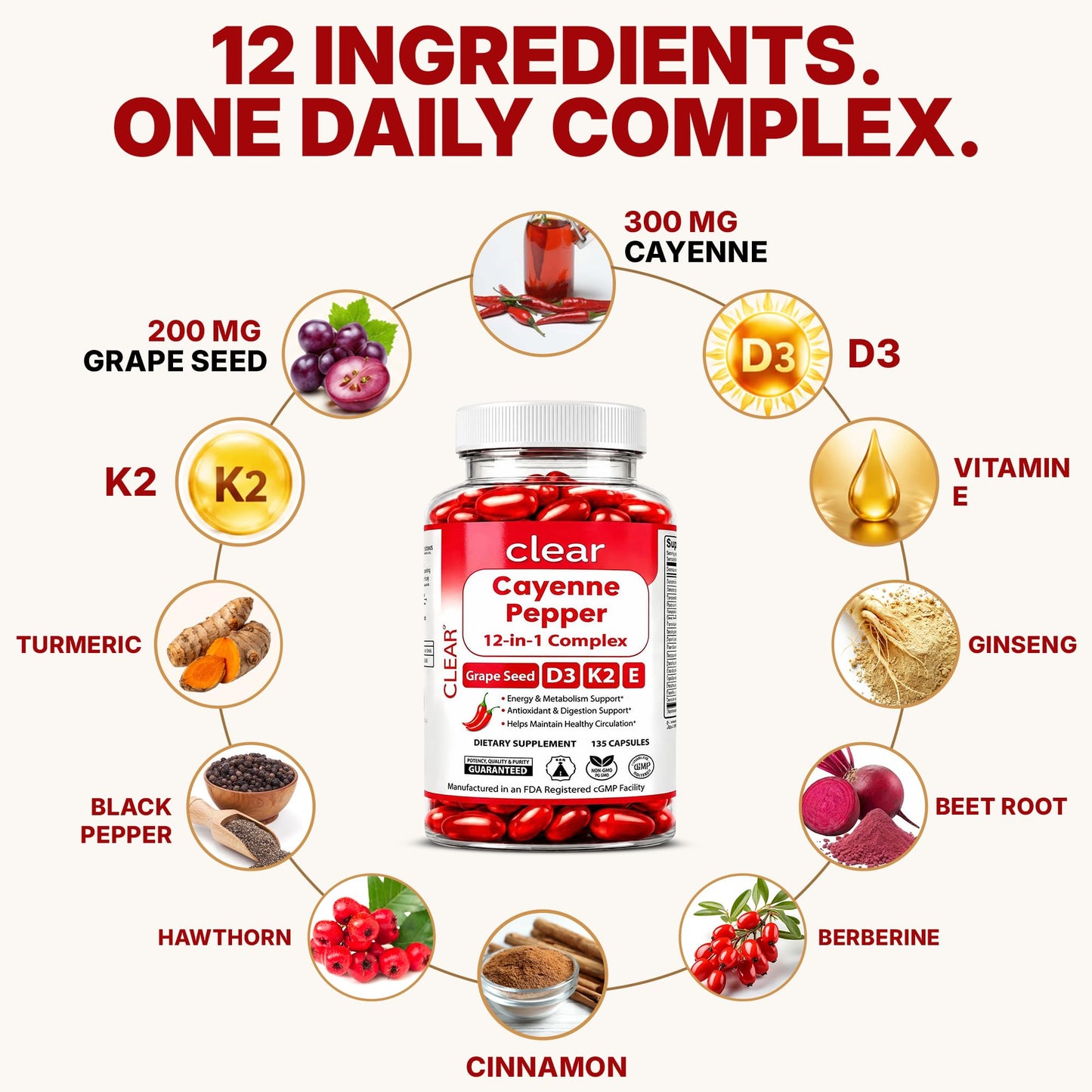 Clear Probiotics Cayenne Pepper Softgels 300mg Capsaicin D3 K2 E Blood Flow Support, 135 Count