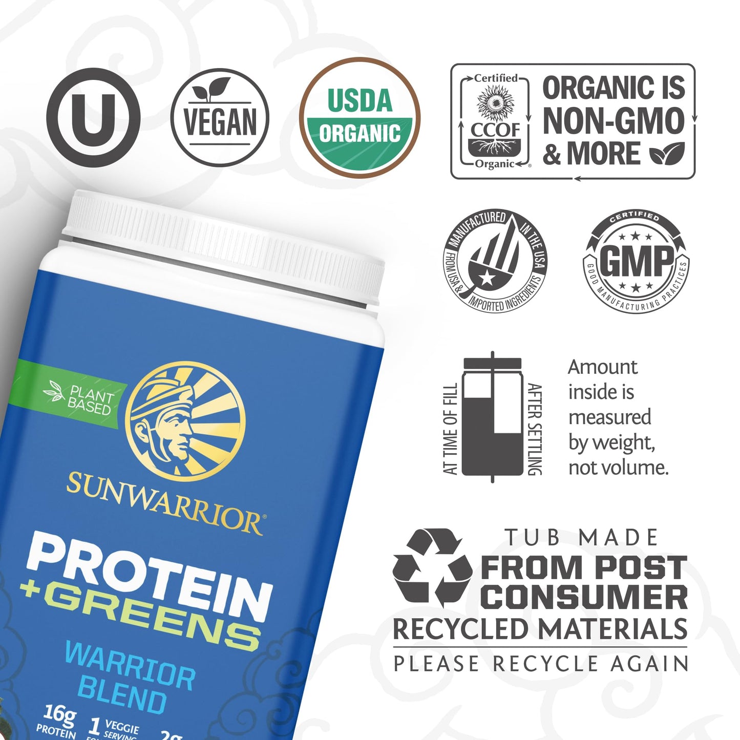 Sunwarrior Organic Protein Greens Superfood Powder Chocolate Flavored, Vegan Plant-Based, 30 Servings