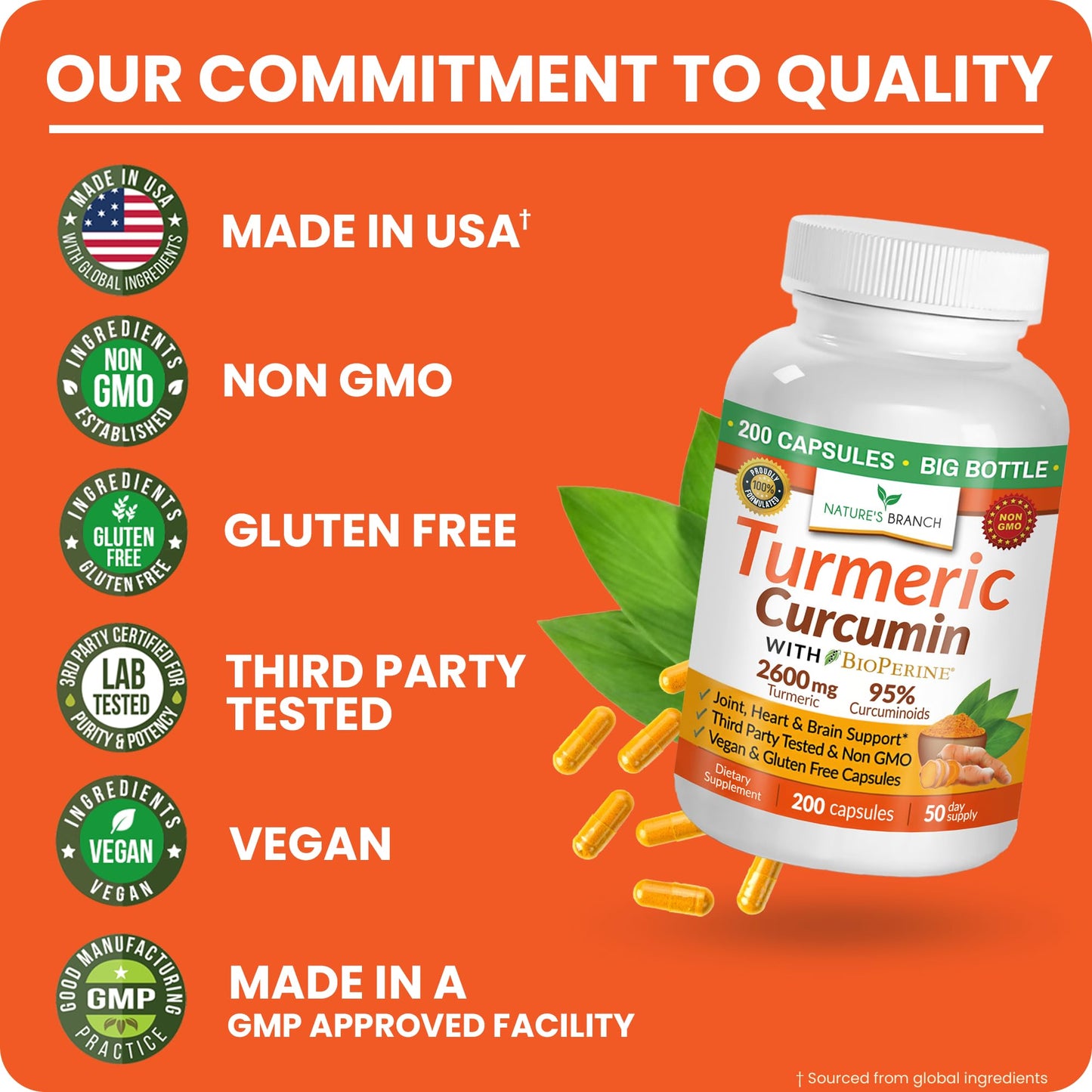 Nature's Branch Turmeric Curcumin Supplement 2600mg Capsules, 200 Count