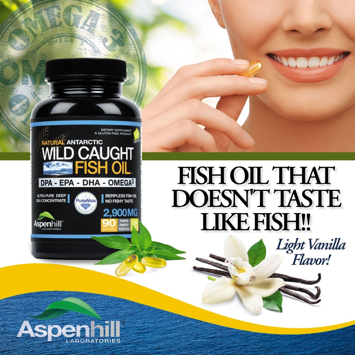 Aspenhill Laboratories Triple Strength Fish Oil Ultra Pure Wild-Caught Omega-3 DPA Fish Oil 2900 mg Omega-3 with DPA, EPA & DHA SoftGels, 90 Count