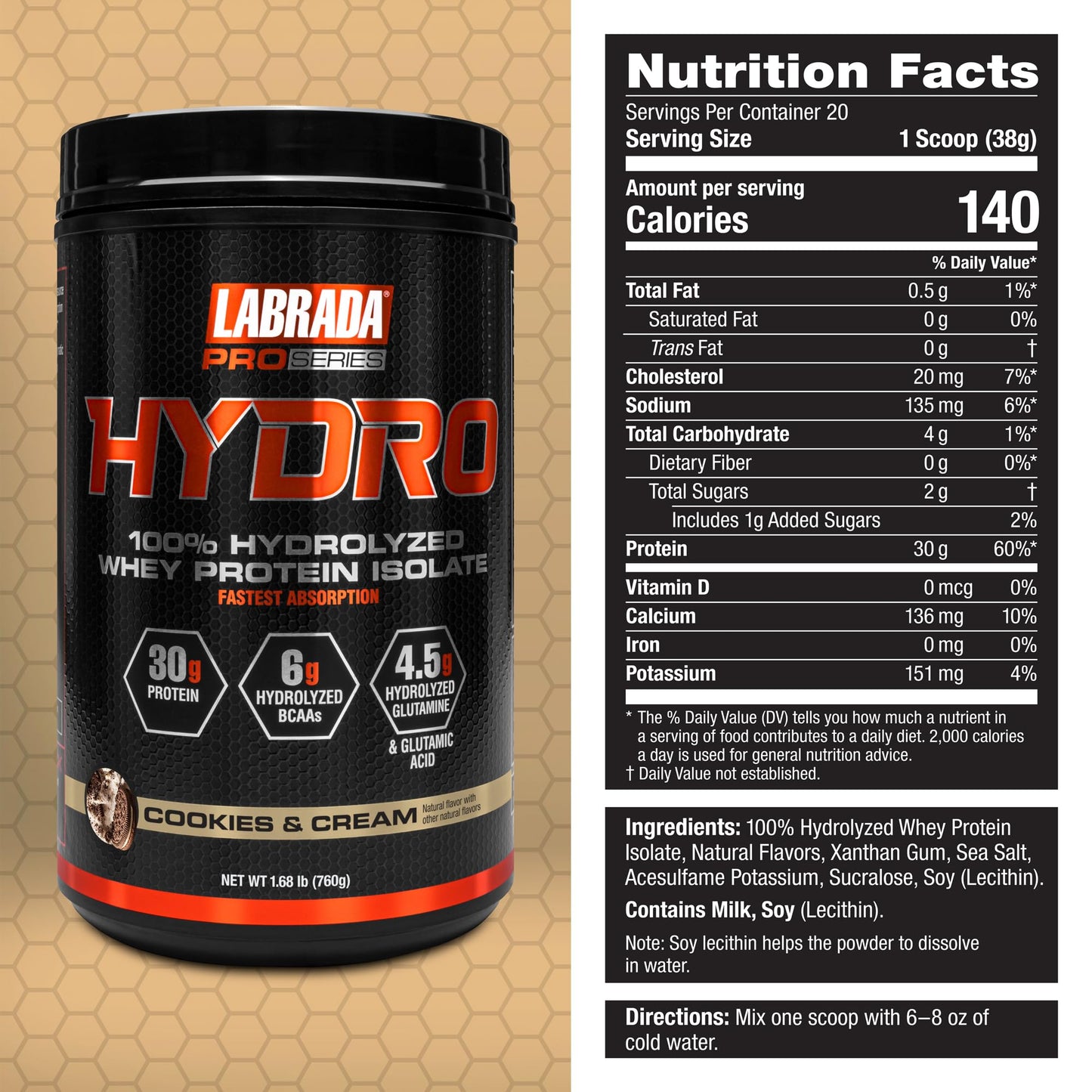 Labrada Hydro 100% Pure Hydrolyzed Whey Protein Isolate Powder, Lactose Free, 1.68 Pound