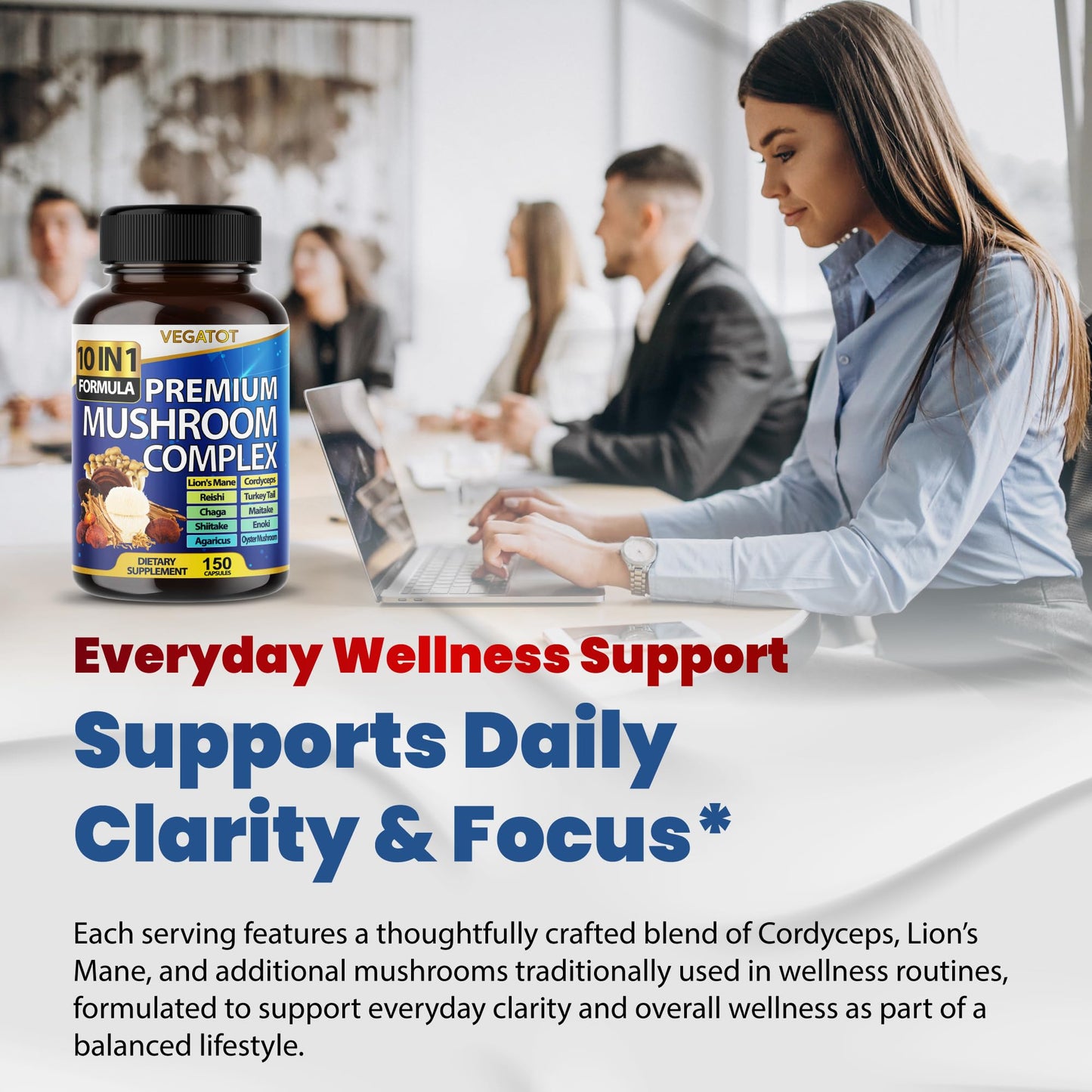 VEGATOT 10 in 1 High Strength Mushroom Supplement - Lions Mane, Cordyceps, Reishi - Brain Supplements for Memory and Focus Capsules 150