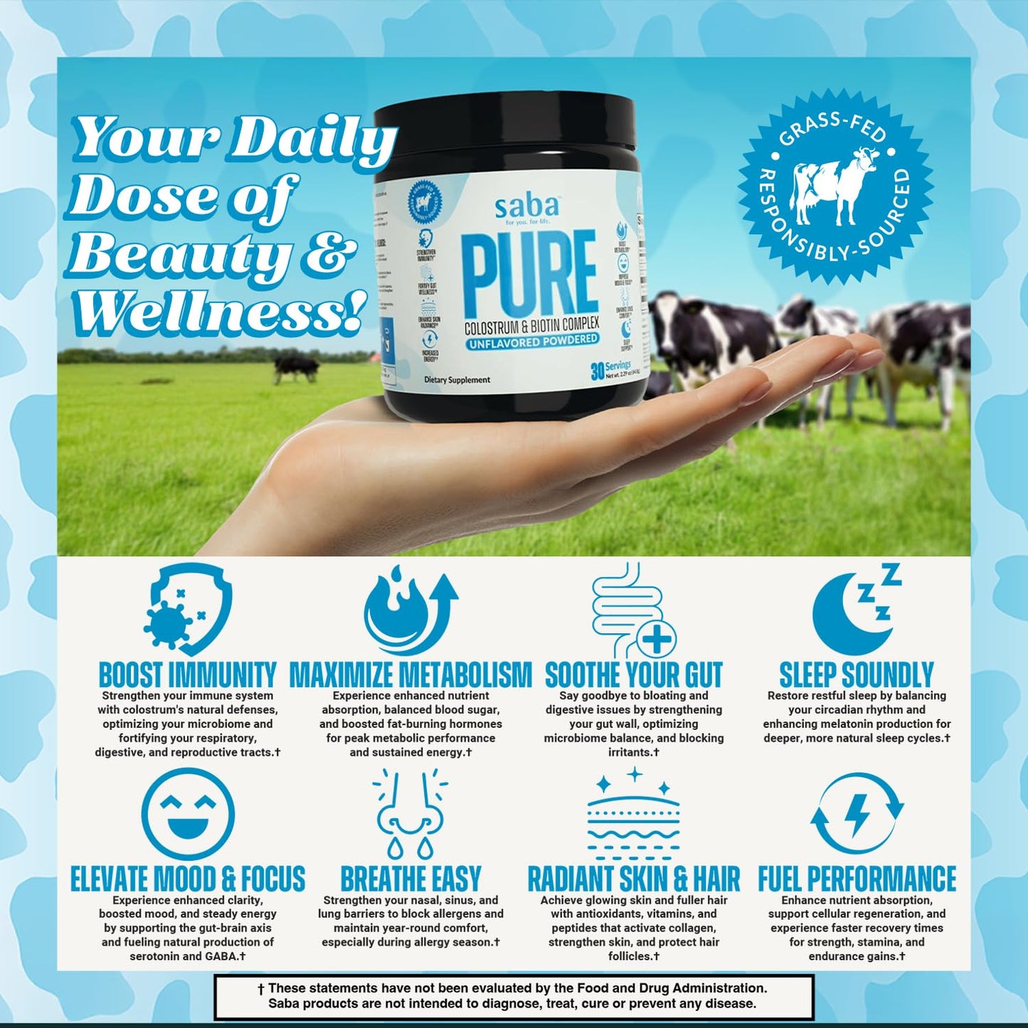 Saba Pure Colostrum & Biotin Complex Powder, 60 Counts