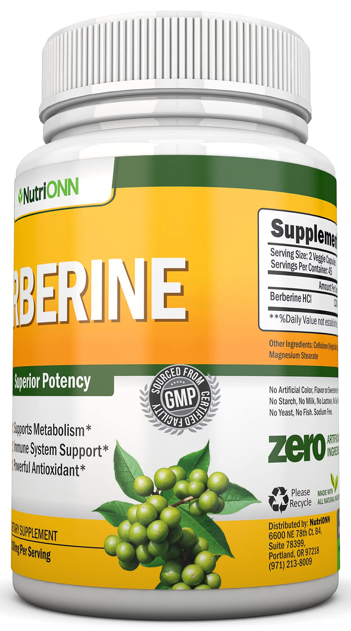 NutriONN Berberine HCL Extract 1200mg per Serving, 90 Vegetarian Capsules