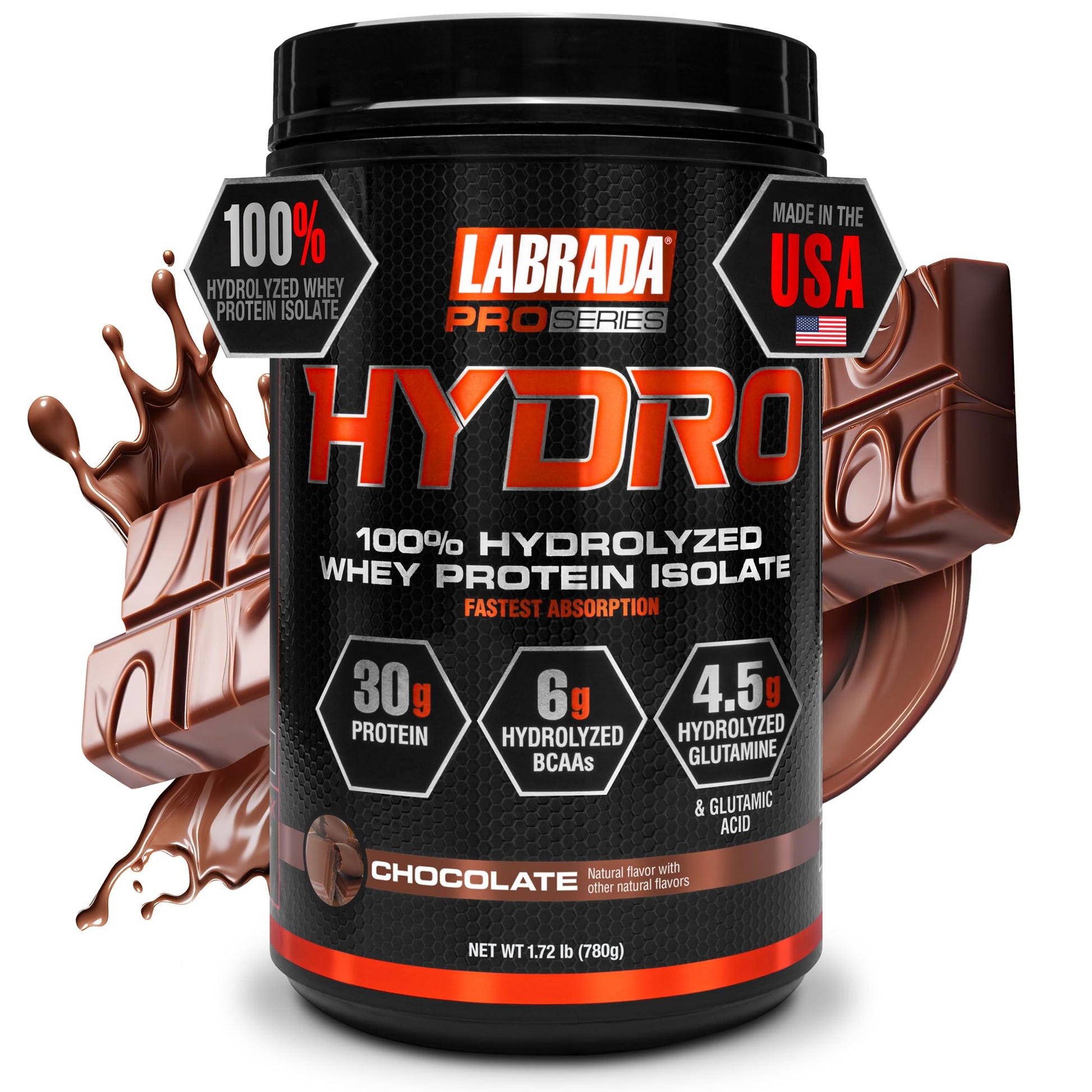 Labrada Hydro 100% Pure Hydrolyzed Whey Protein Isolate Powder, Lactose Free, Chocolate Flavor, 28.16 oz