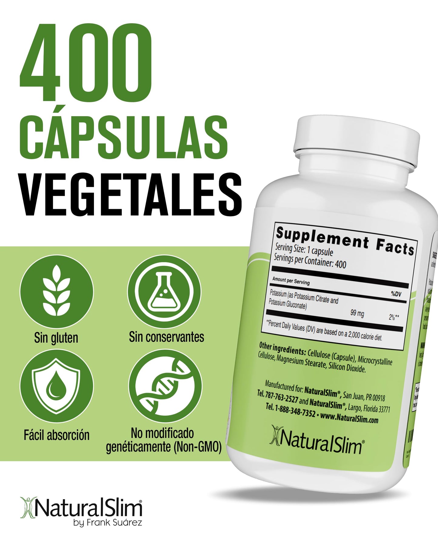 NaturalSlim Natural Potassium Citrate Gluconate 99 mg - Kadsorb Supports Electrolyte Balance & Normal pH - Absorbable Potassium Supplements with Essential Minerals - Non GMO 400 Capsules 1 Pack