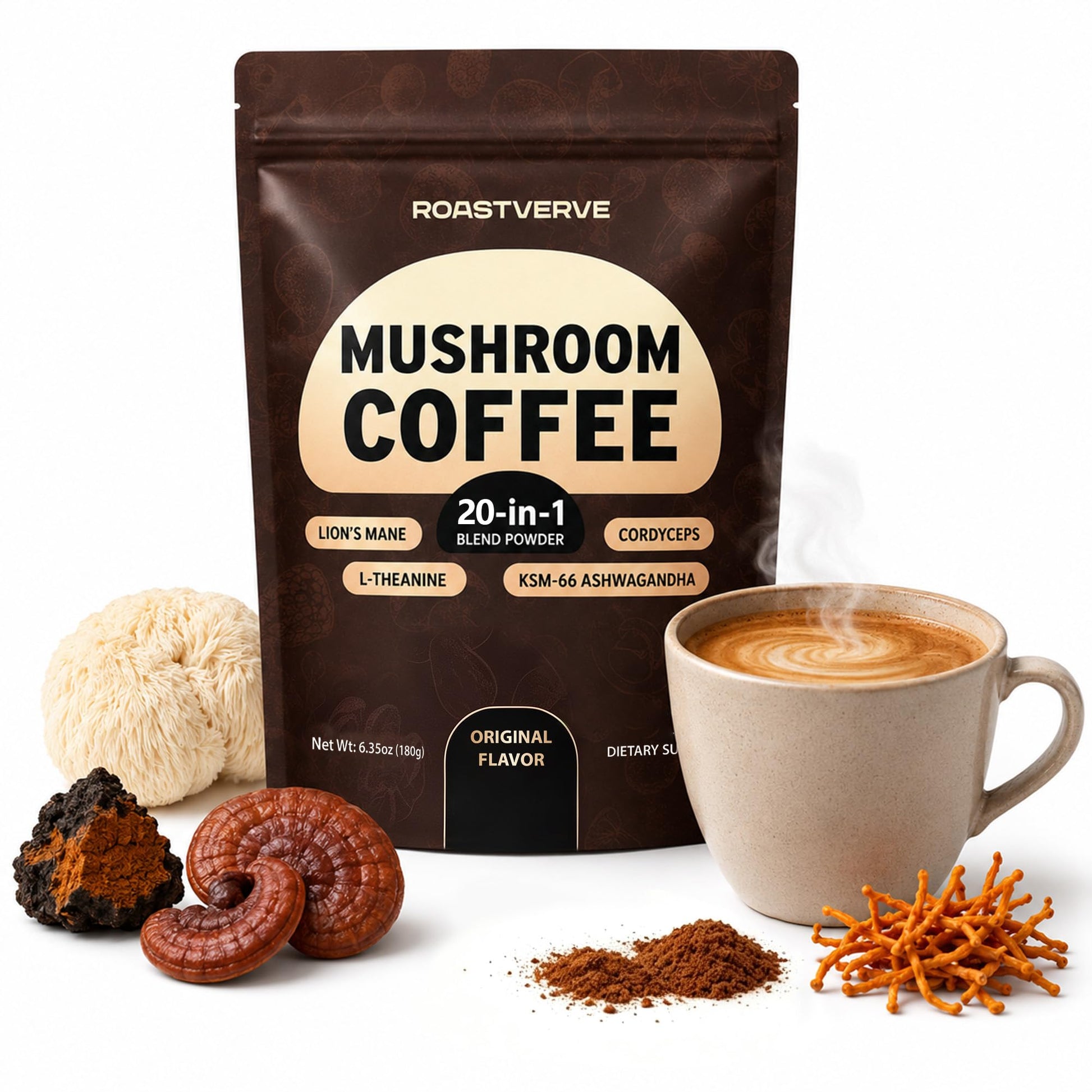 RoastVerve Mushroom Coffee 20-in-1 Blend Powder Instant Functional Coffee with Lion's Mane, Cordyceps, Reishi, Chaga, Turkey Tail, L-Theanine, Supports Focus, Smooth Energy & Immune Wellness, Original Flavor 6.35