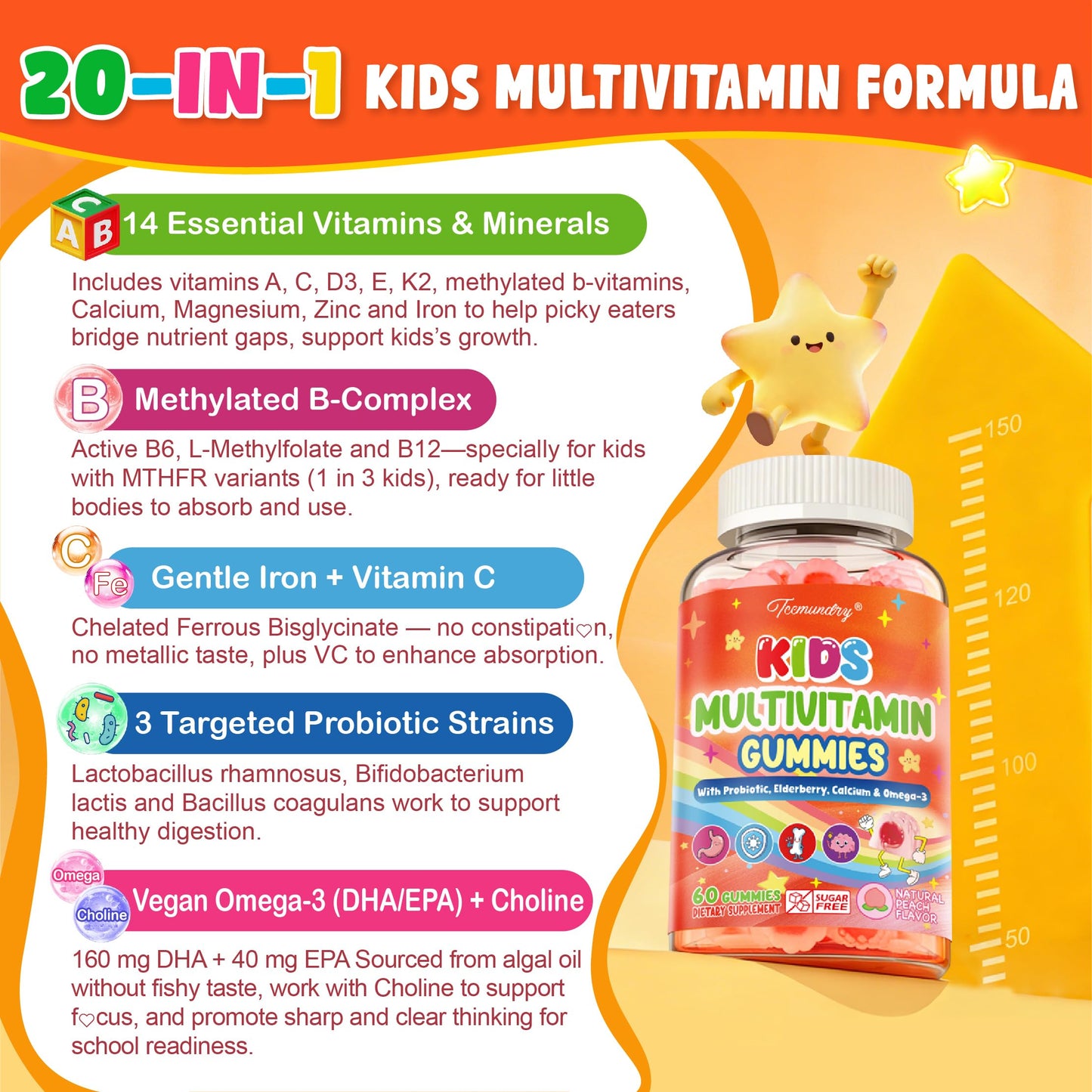 Tcemundry Kids Multivitamin Gummies, 60 Gummies