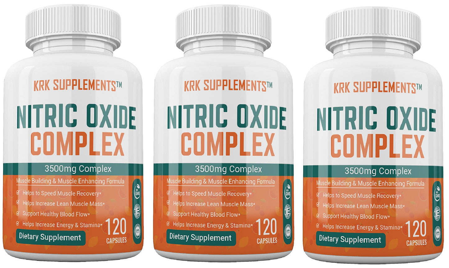 KRK SUPPLEMENTS Nitric Oxide Complex 3500mg Per Serving L-Arginine HCL AAKG AKG Alpha Ketoglutarate Citrulline Malate Capsules 360