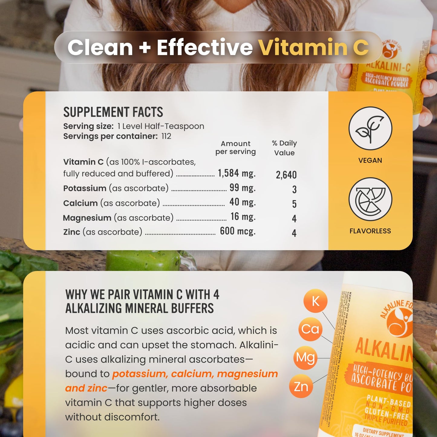 Alkaline for Life Buffered Vitamin C Powder, Corn-Free, L-Ascorbate, 16 Ounce