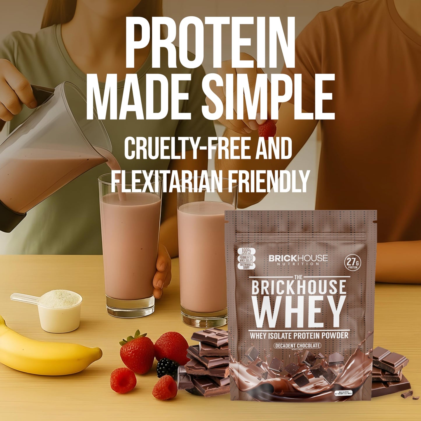 Brickhouse Nutrition Whey Protein Powder, Fermented Whey Isolate, Lactose-Free Post-Workout Recovery, Chocolate, 34 Servings