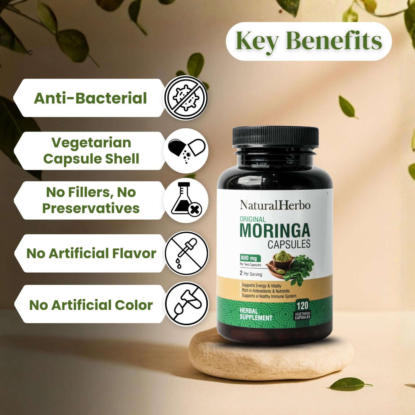 NaturalHerbo Pure Moringa Capsules (800mg), 120 Capsules